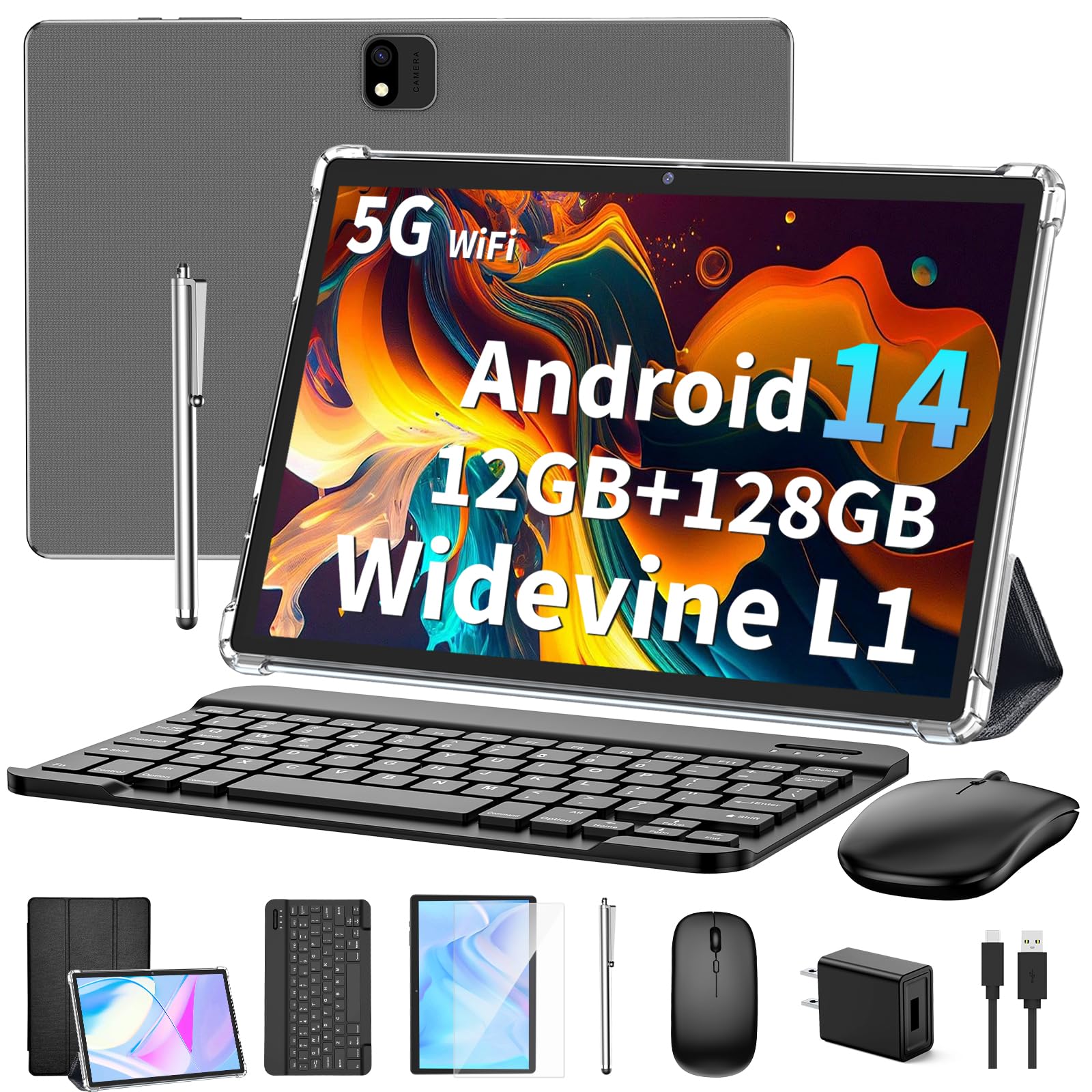 Jjgj Android 14 Tablet With Keyboard, 12Gb Ram (4+8), 128Gb Storage, 1Tb Expandable, 8000Mah Battery, 10 Inch 2 In 1 Tablets, In