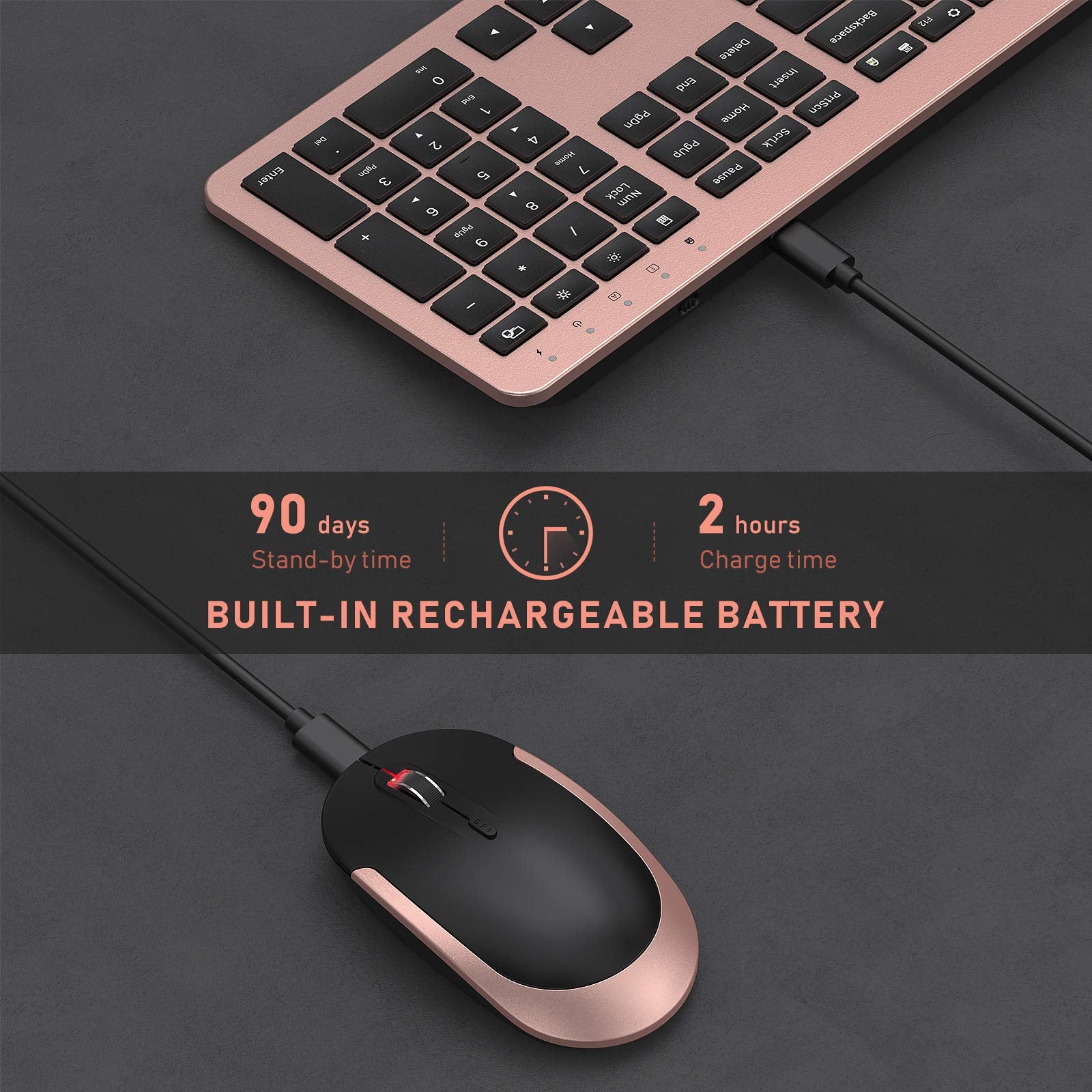 Seenda Rechargeable Wireless Keyboard Mouse Combo Full Size Cordless Keyboard & Mouse Sets With Build In Lithium Battery Ultra Thin Quiet Keyboard Mice (Rose Gold & Black)