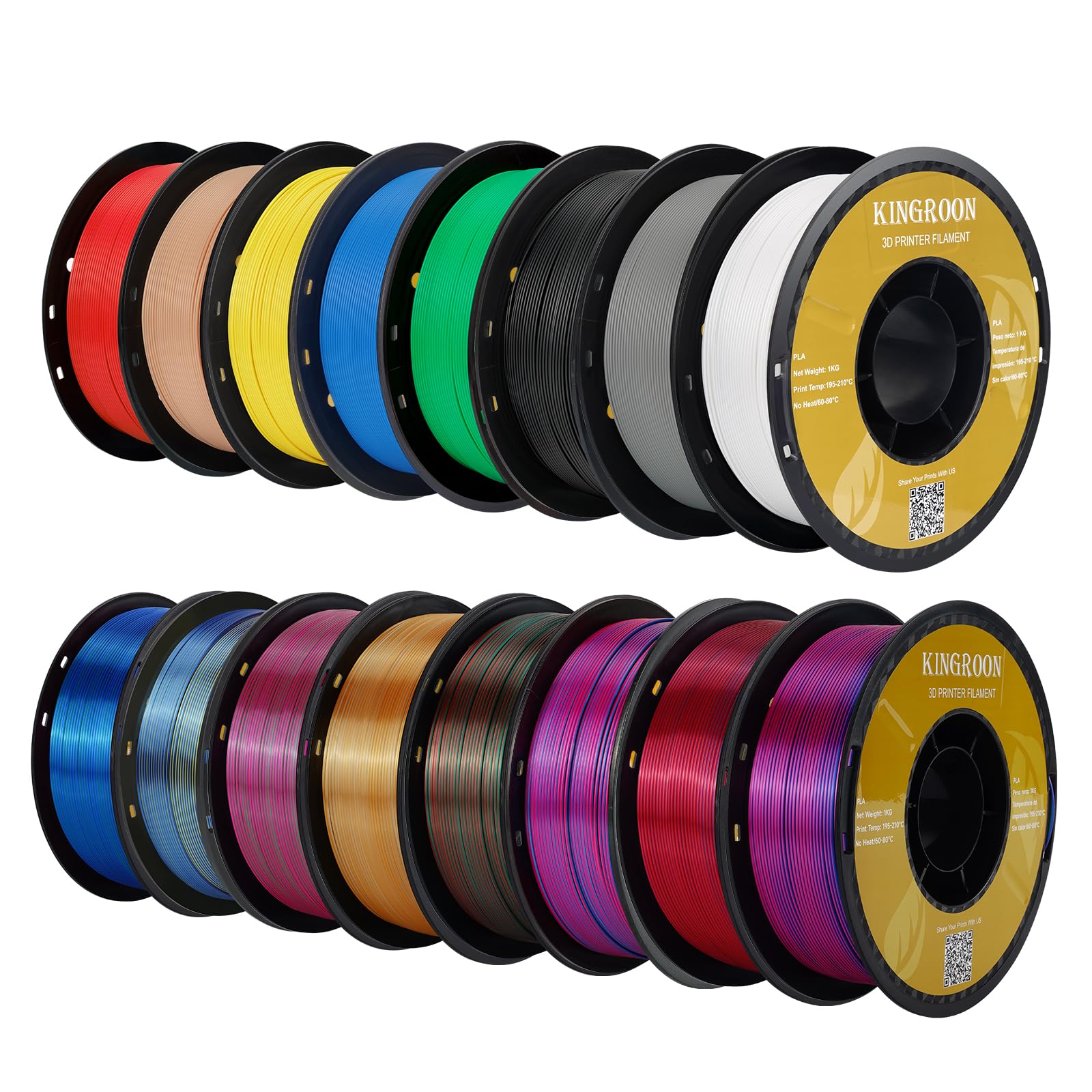Kingroon 16KG PLA Filament 1.75mm Bundle, 3D Printer Multicolor Filament Bulk Includes Basic PLA and Tri Color Silk PLA, 1KG Spo