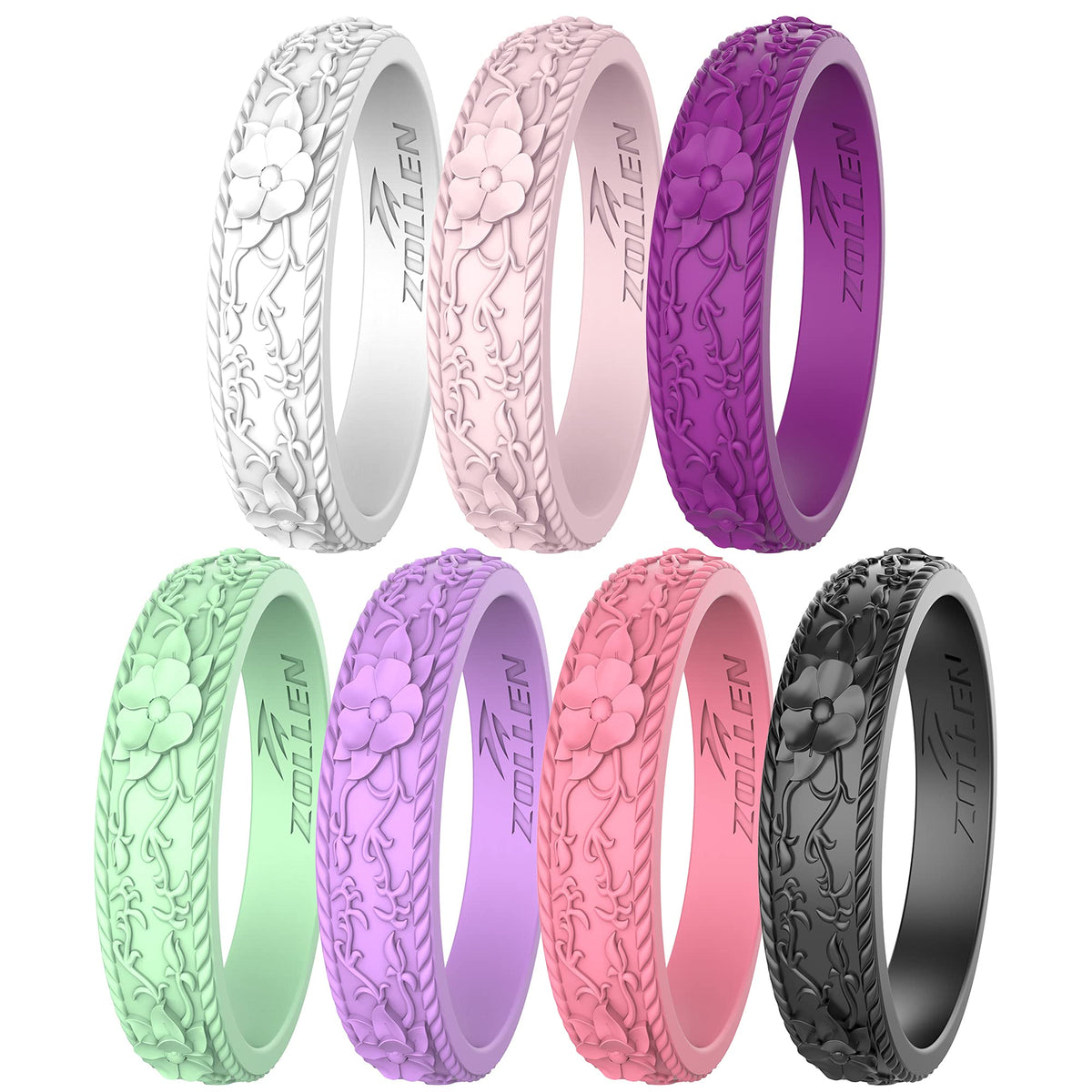 Zollen Silicone Wedding Rings For Women 7 Packs  Stackable Silicone Rubber Wedding Bands   Innovative Flower  Vine Collection, S