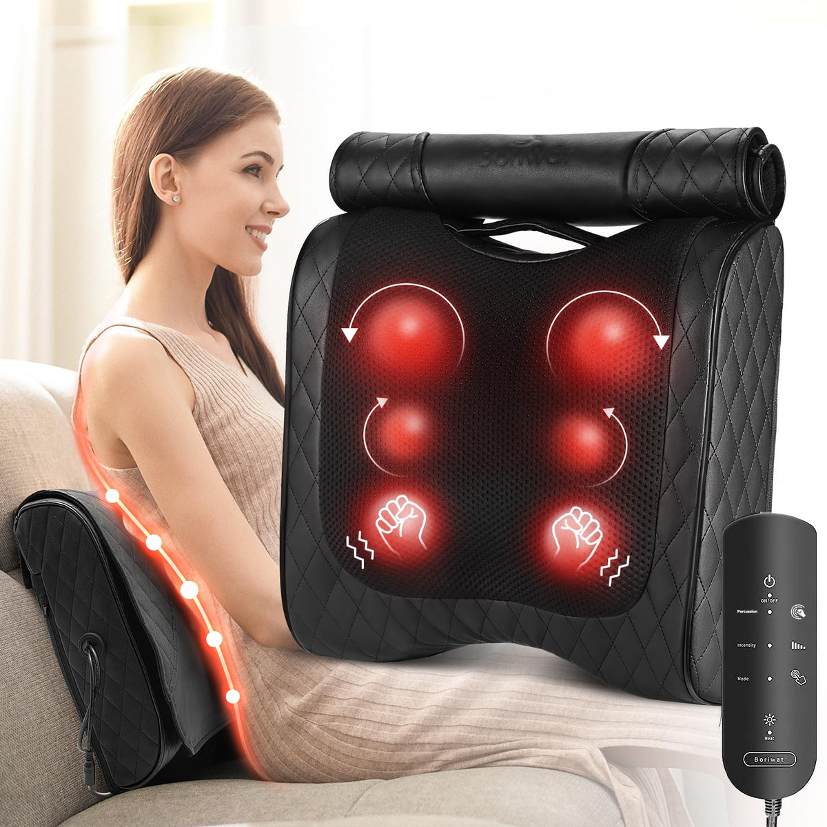 Back Massager With Heat, Percussion & Shiatsu 2-In-1 Massager For Lower Back Pain Relief, 3D Deep Tissue Kneading Massage Pillow