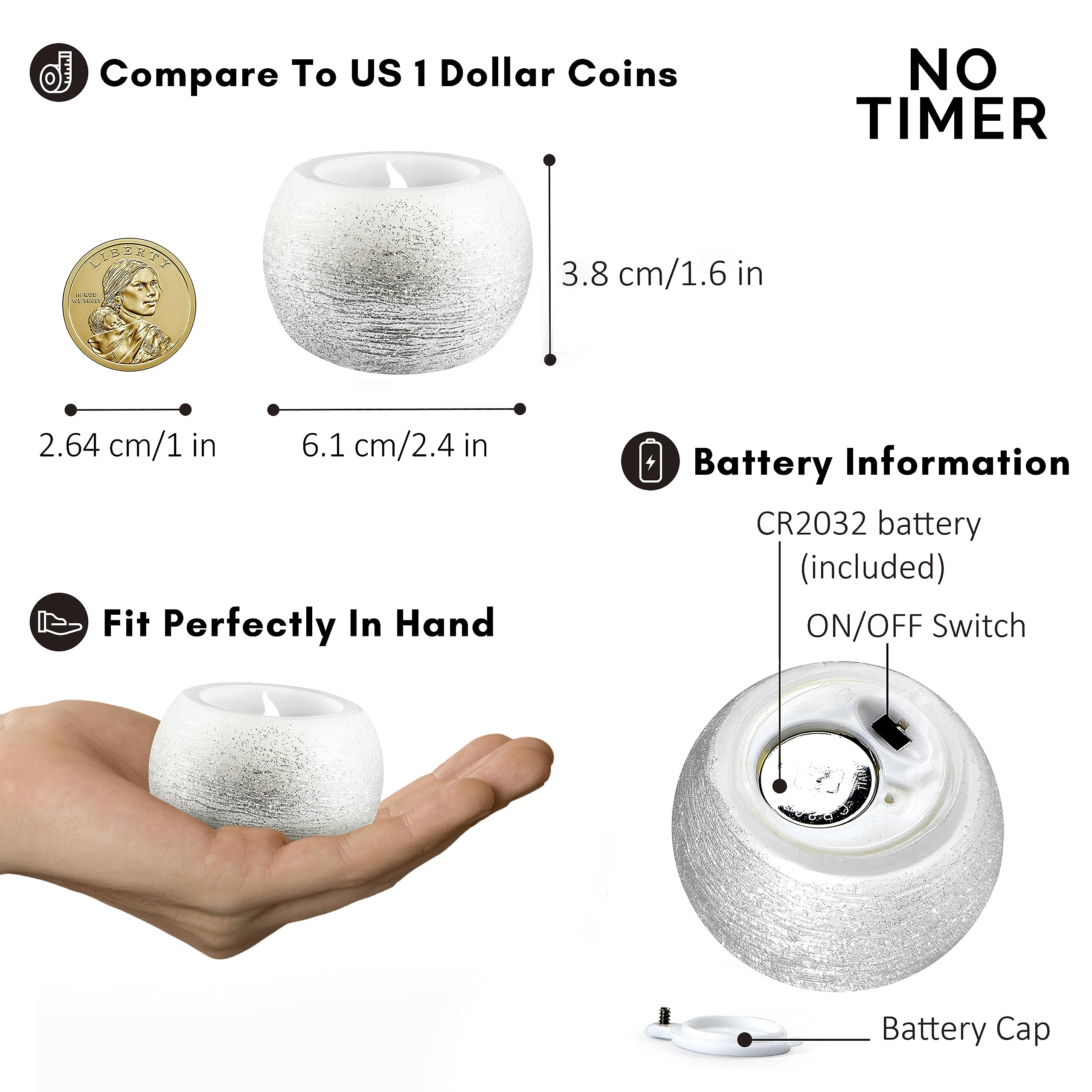 Furora Lighting Silver Glittery Real Wax Flameless Candles Pack Of 3, Led Flickering Round Candles Perfect For Wedding D  Cor, 2