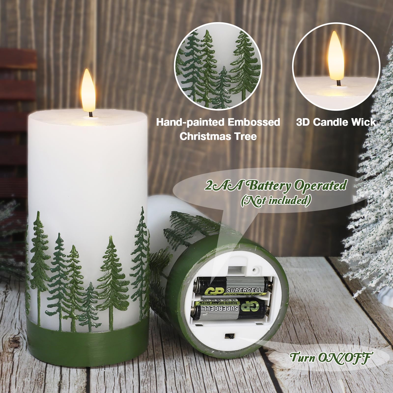 Crystal Club Christmas Tree Flameless Candles, Battery-Powered Led Pillar Candle With Remote, 3D Flickering & Real Wax Embossed