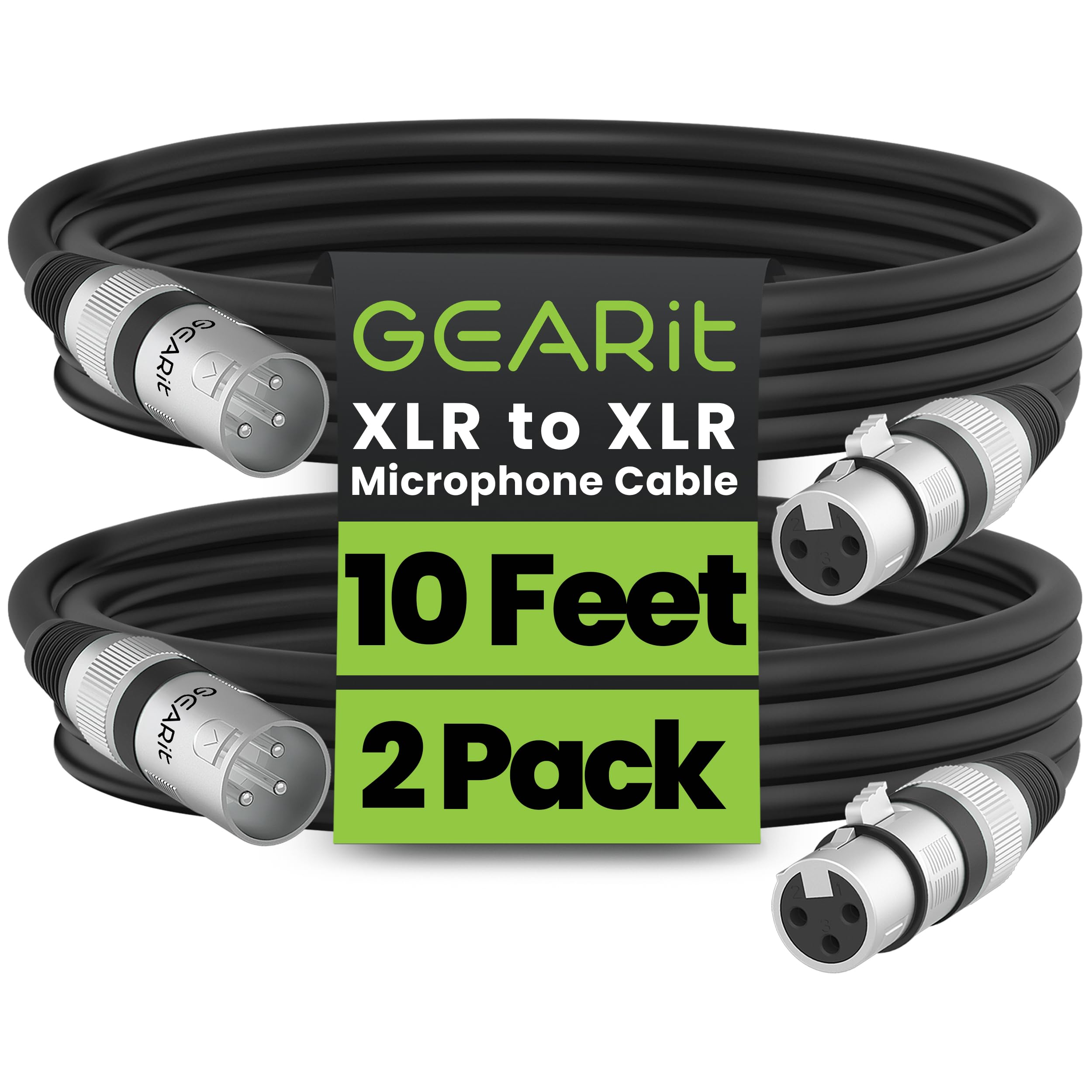 GEARit XLR Male to Female Microphone Cable (10 Feet, 2-Pack) 3-Pin Balanced Shielded Mixer, Recording Studio, Podcast - Black