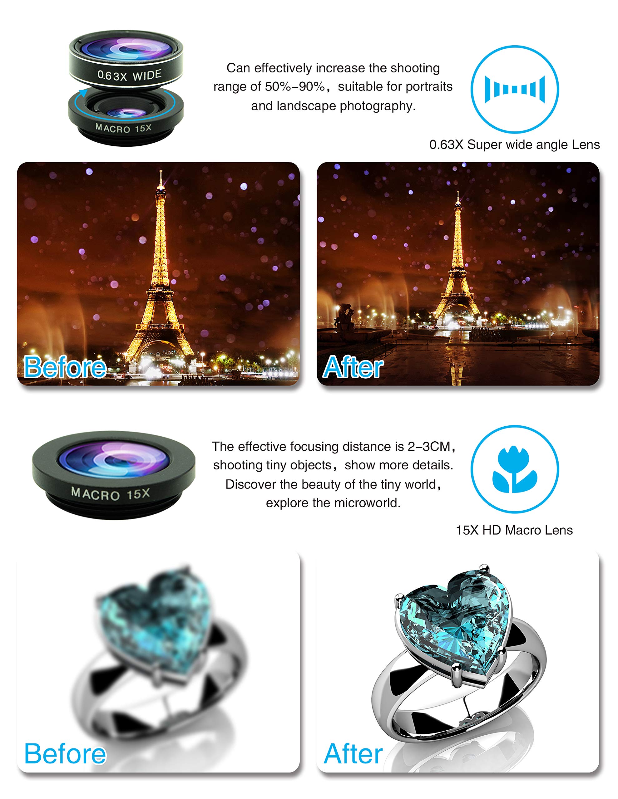 Cell Phone Camera Lens Kit,11 In 1 Universal 20X Telephoto 0.63Wide Angle 15X Macro 198�Fisheye 2X Telephoto Kaleidoscope Cpl Starlight Eyemask Tripod,For Most Iphone Smartphone (Black)