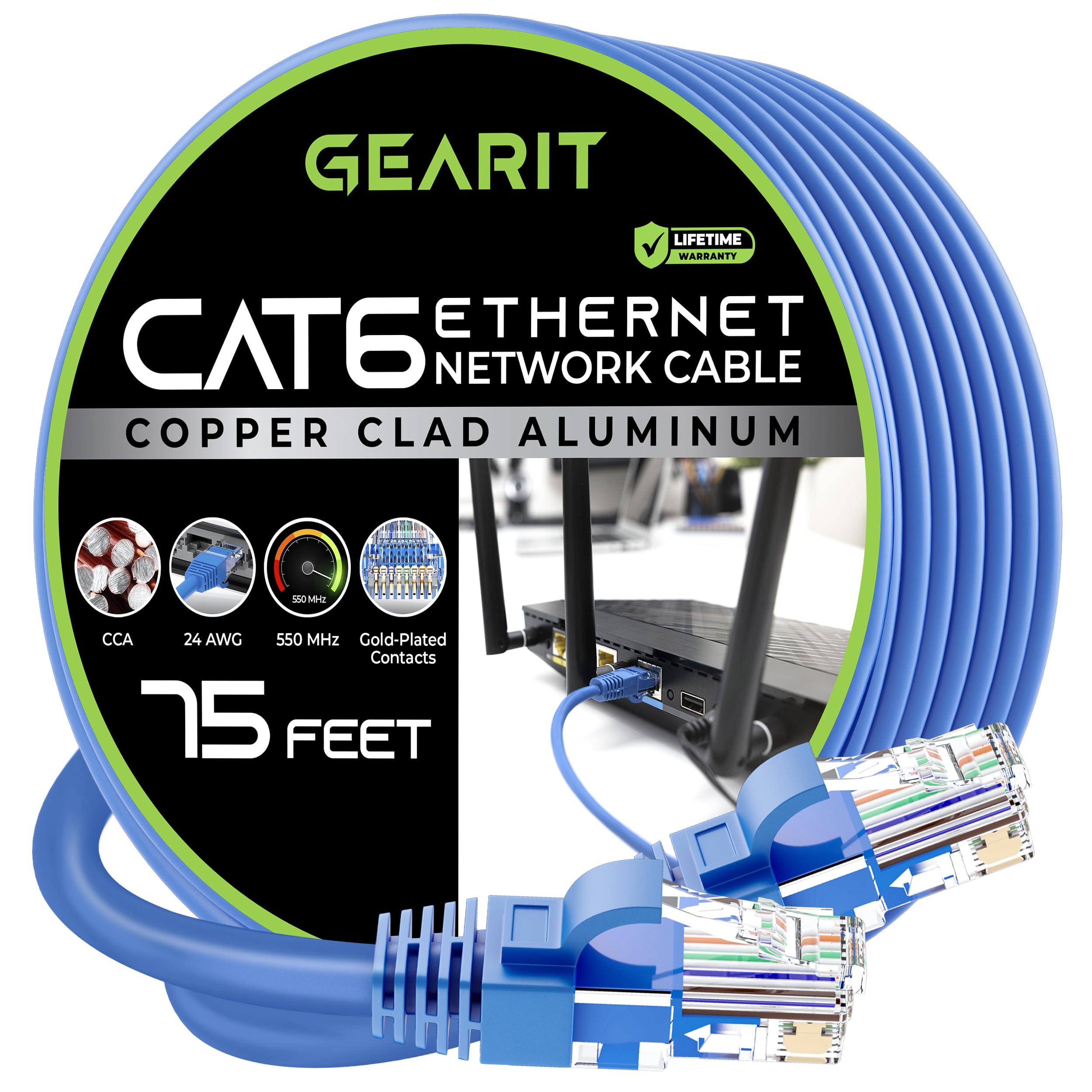 Gearit Cat 6 Ethernet Cable Cca (75 Feet) Lan Network Cord, Utp, Internet, Network Cable   Supports Cat6 / Cat5E / Cat5 Network