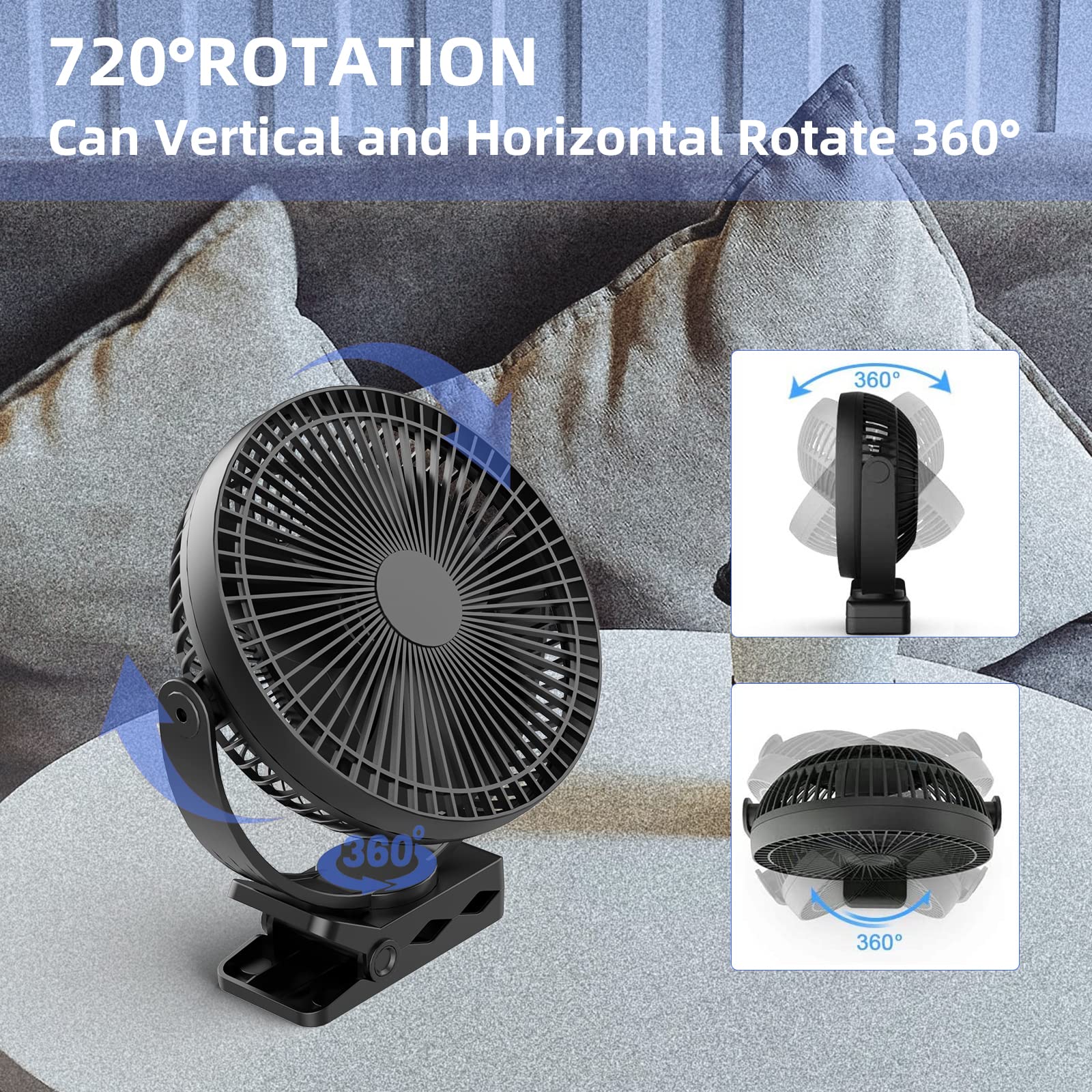 Clip Fan, 8 Inch Mini Quiet Desk Fan, 10000Mah Usb Rechargeable Battery Operated Clip On Fan, Usb Desk Fan, Portable Personal Sm