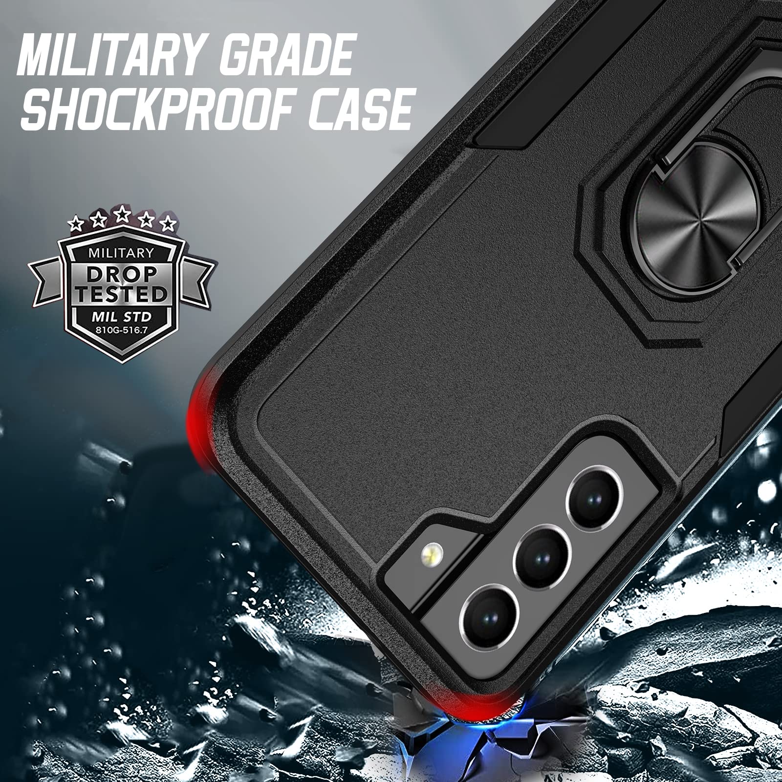 Oterkin For Samsung Galaxy S21 Fe Case,Heavy Duty Military Grade Shockproof Case With Kickstand Ring Tempered Glass Screen Prote