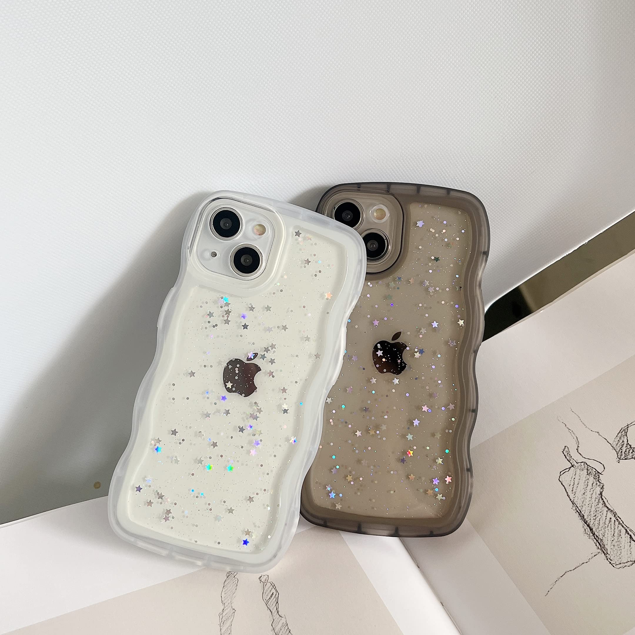 Qokey For Iphone Xs Max Case 6.5'' Curly Wave Edge Design Transparent Bling Glitter Star Shiny Case Cute Clear Transparent Full