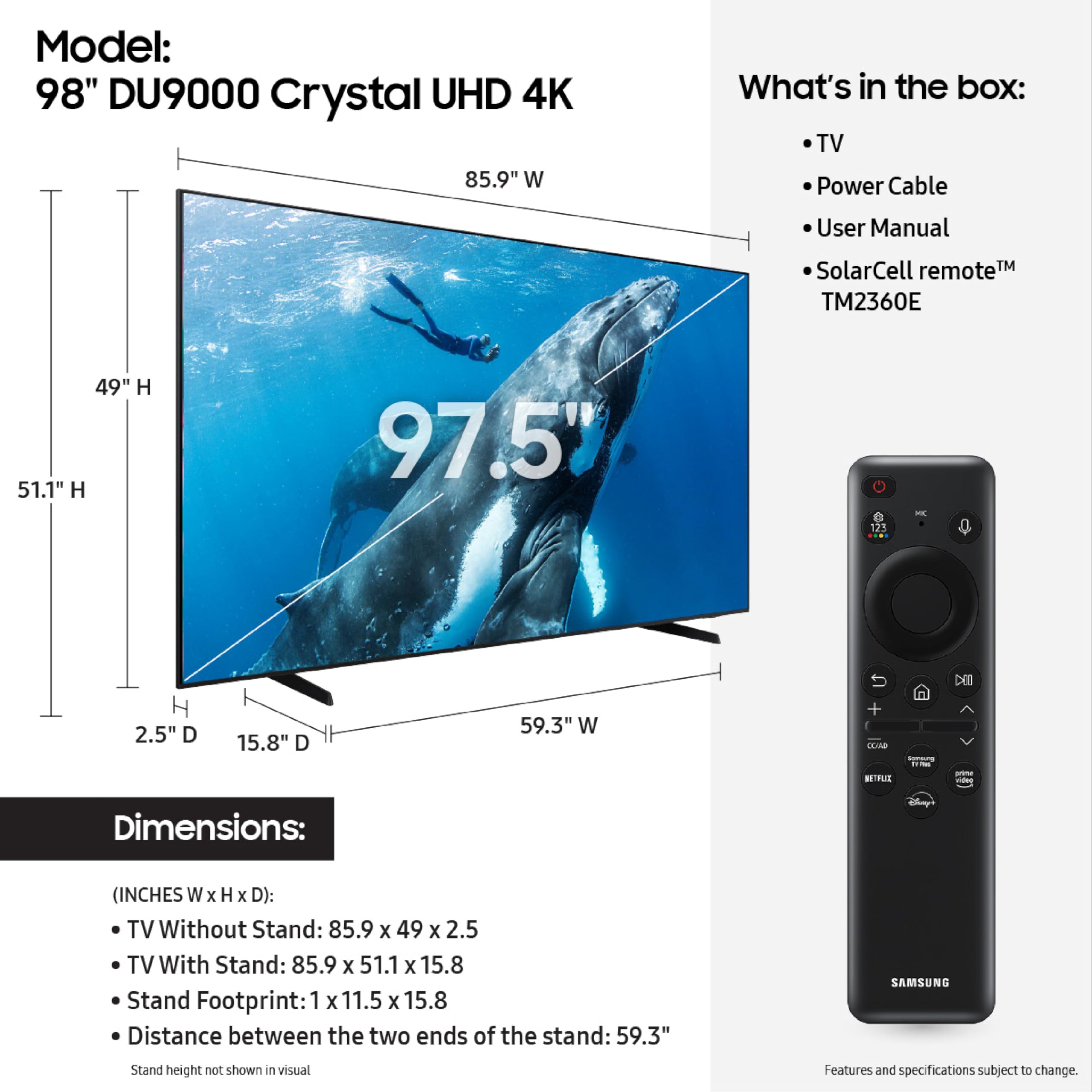 Samsung 98 Inch Class 4K Crystal Uhd Du9000 Series Hdr Smart Tv, Object Tracking Sound Lite, Motion Xcelerator 120Hz, Supersize
