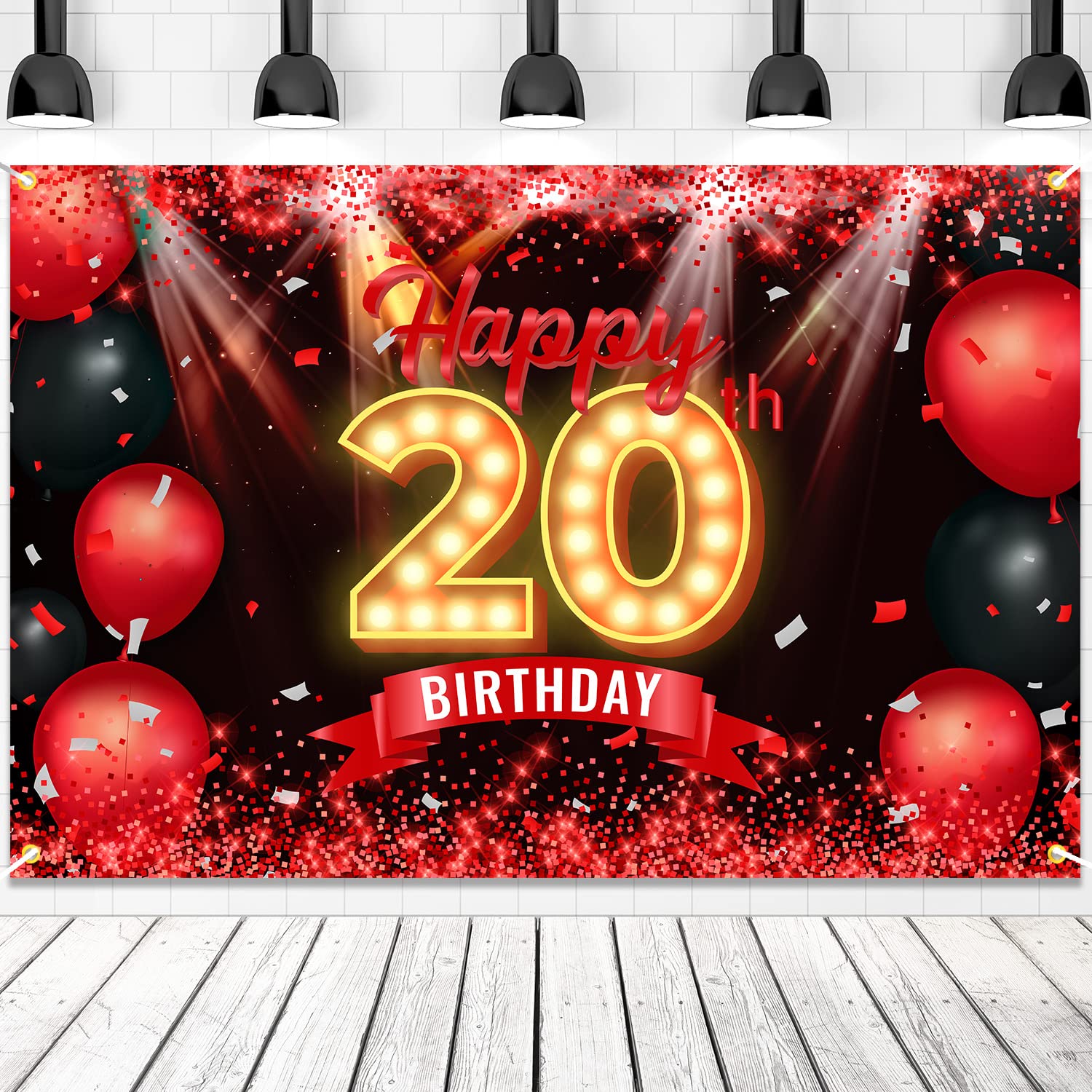 Happy 20th Birthday Banner Backdrop Red and Black 20 Years Old Background Bday Decorations for Girls Women Boys Men Photography 