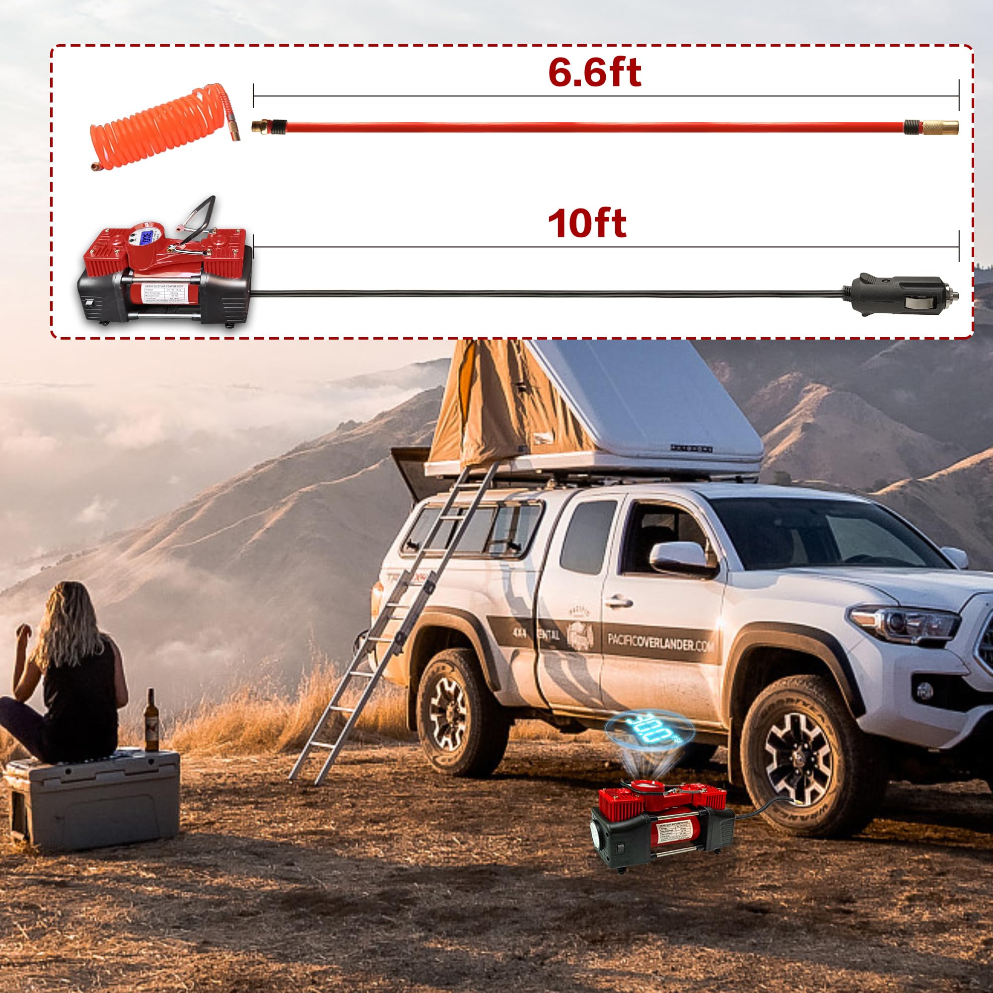 Yungtee Red Tire Inflator Heavy Duty Double Cylinders Direct Drive Inflation Pump,12V Portable Air Compressor Pump With Led Ligh