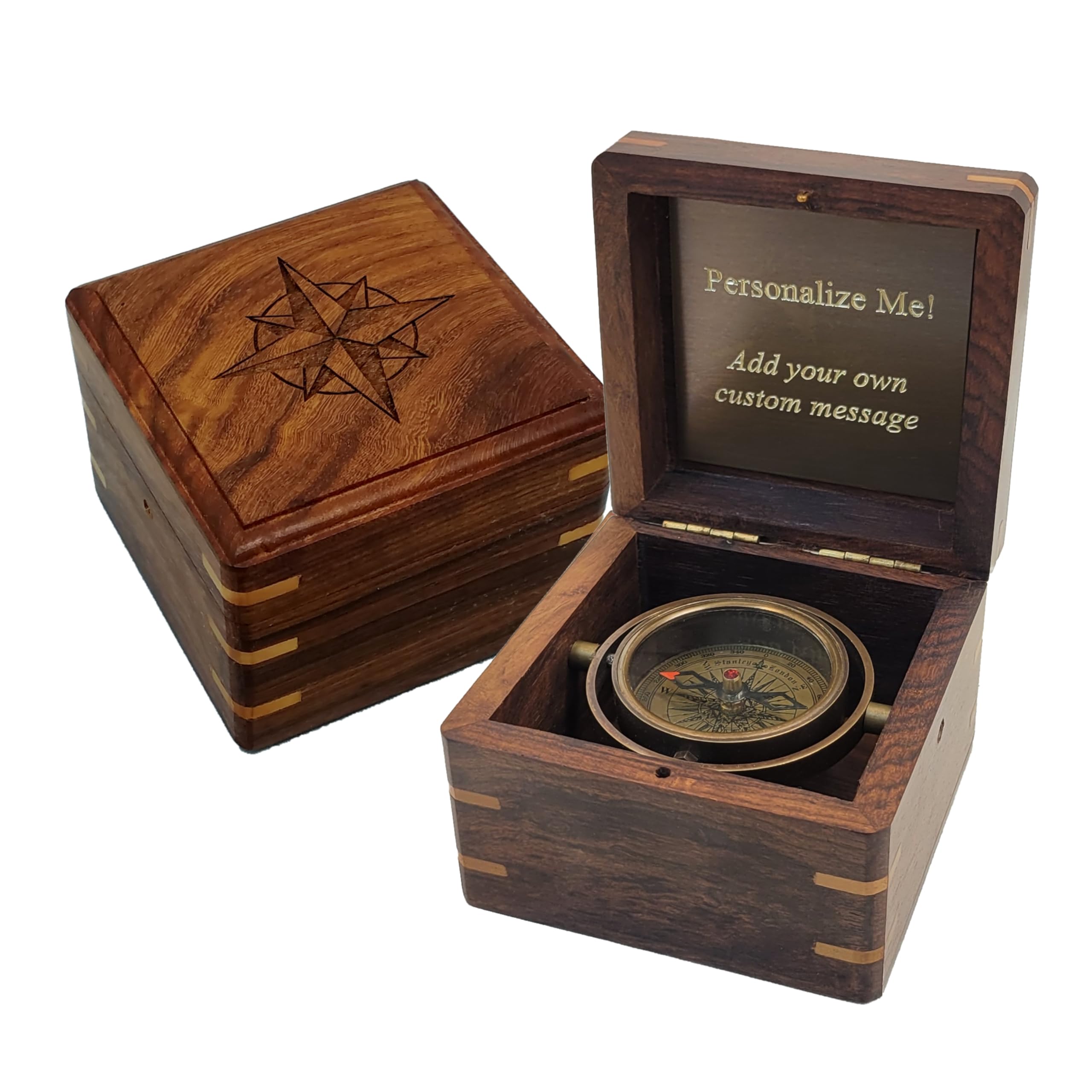 Engraved Antique Brass Desk Compass Keepsake in Wooden Box - Inspirational Personalized Compass Gift for Graduation, Baptism, Co