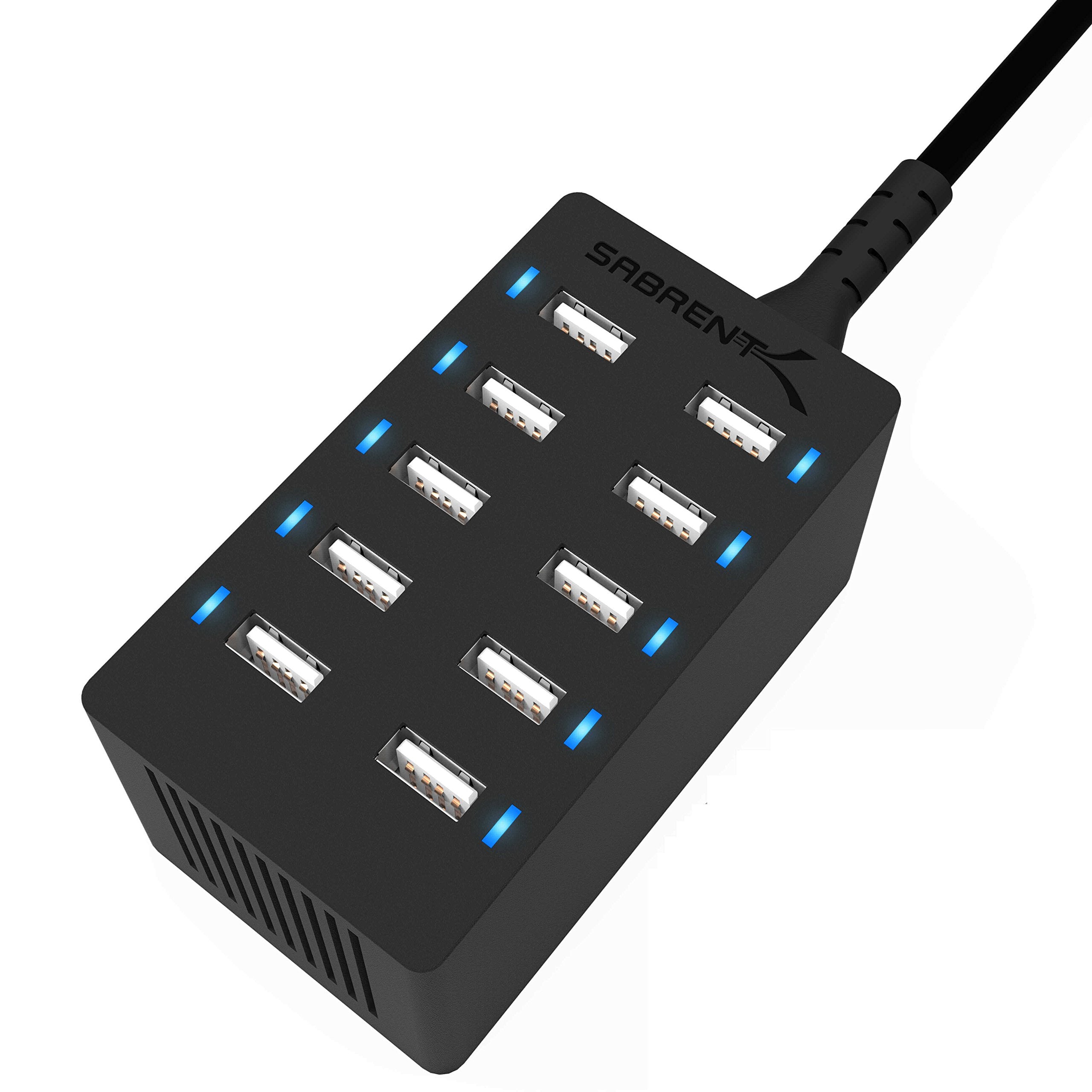 Sabrent 60 Watt (12 Amp) 10-Port [UL Certified] Family-Sized Desktop USB Rapid Charger. Smart USB Ports with Auto Detect Technol