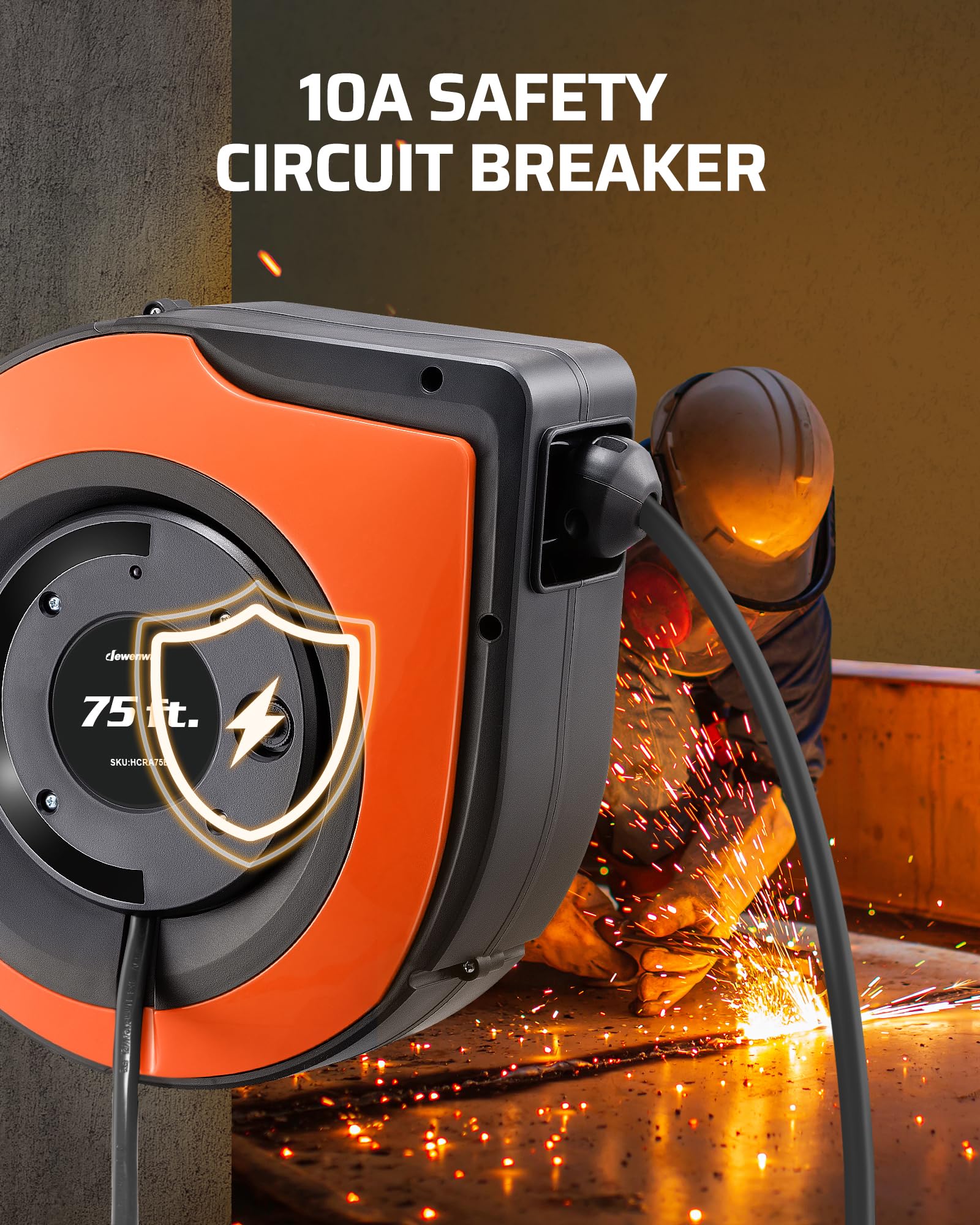 Dewenwils Retractable Extension Cord Reel, 75 Ft Heavy Duty Power Cord, 14/3C Sjtow, Lighted Triple Tap Outlets, 10A Circuit Bre