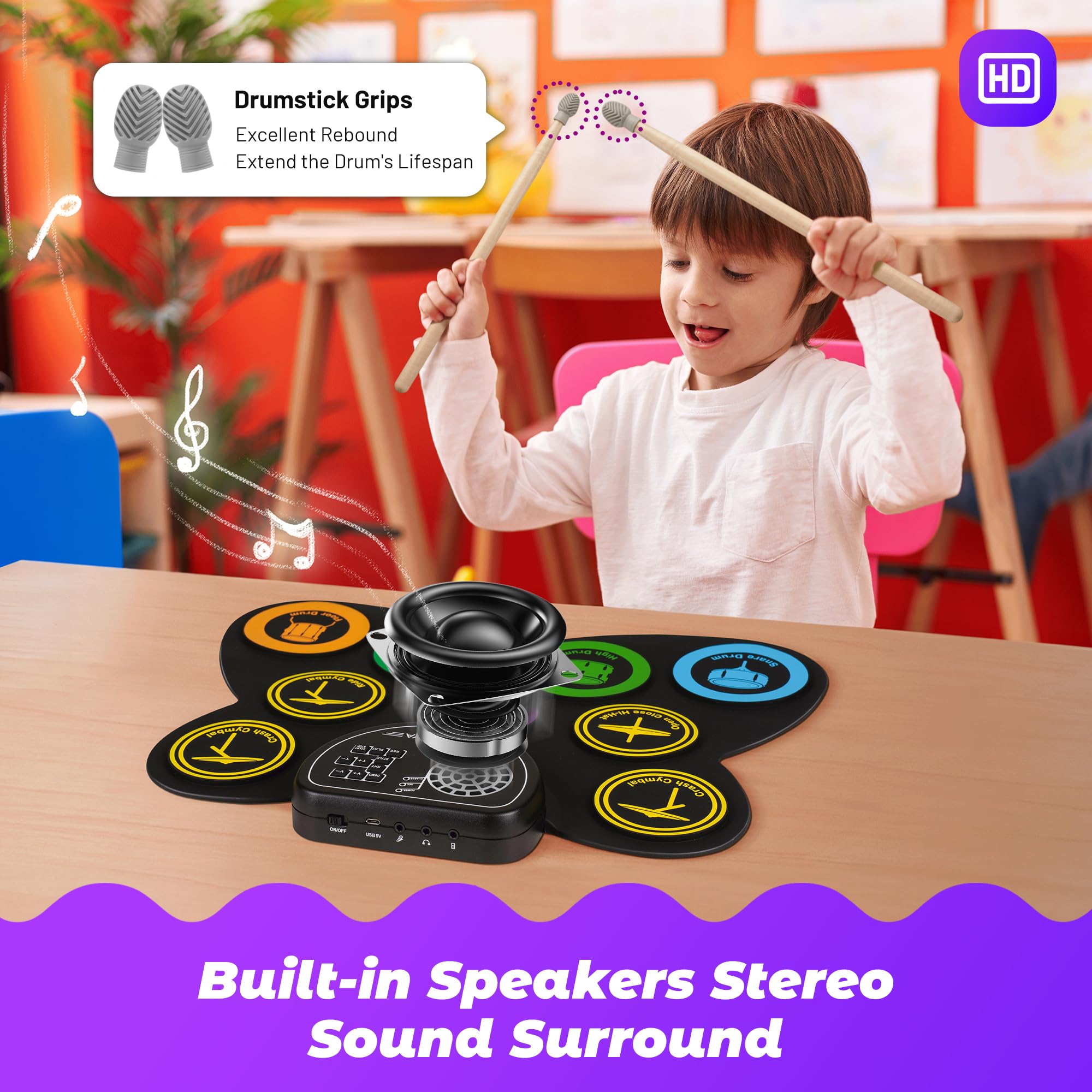 Cahaya Electronic Drum Pad Set: Foldable 9 Pad Practice Electronic Drum Pad Set With Integrated Speaker Foot Pedals And Drumstic