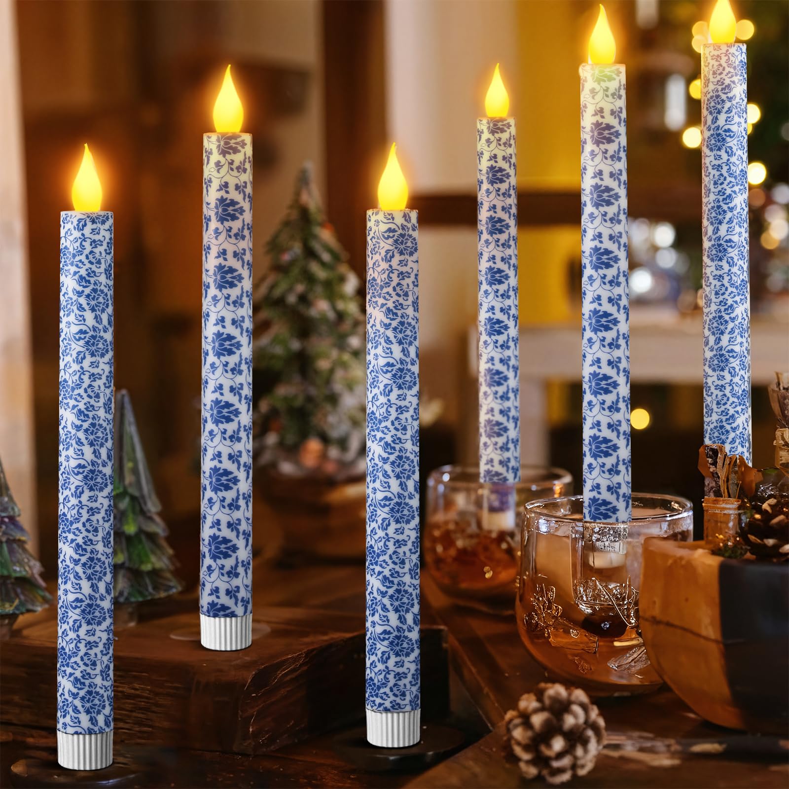 LCZLUMIPRO 6 Pcs Blue and White Chinoiserie Flameless Candles - 10.6 Inch Porcelain Style Taper Candlesticks, Battery Operated L