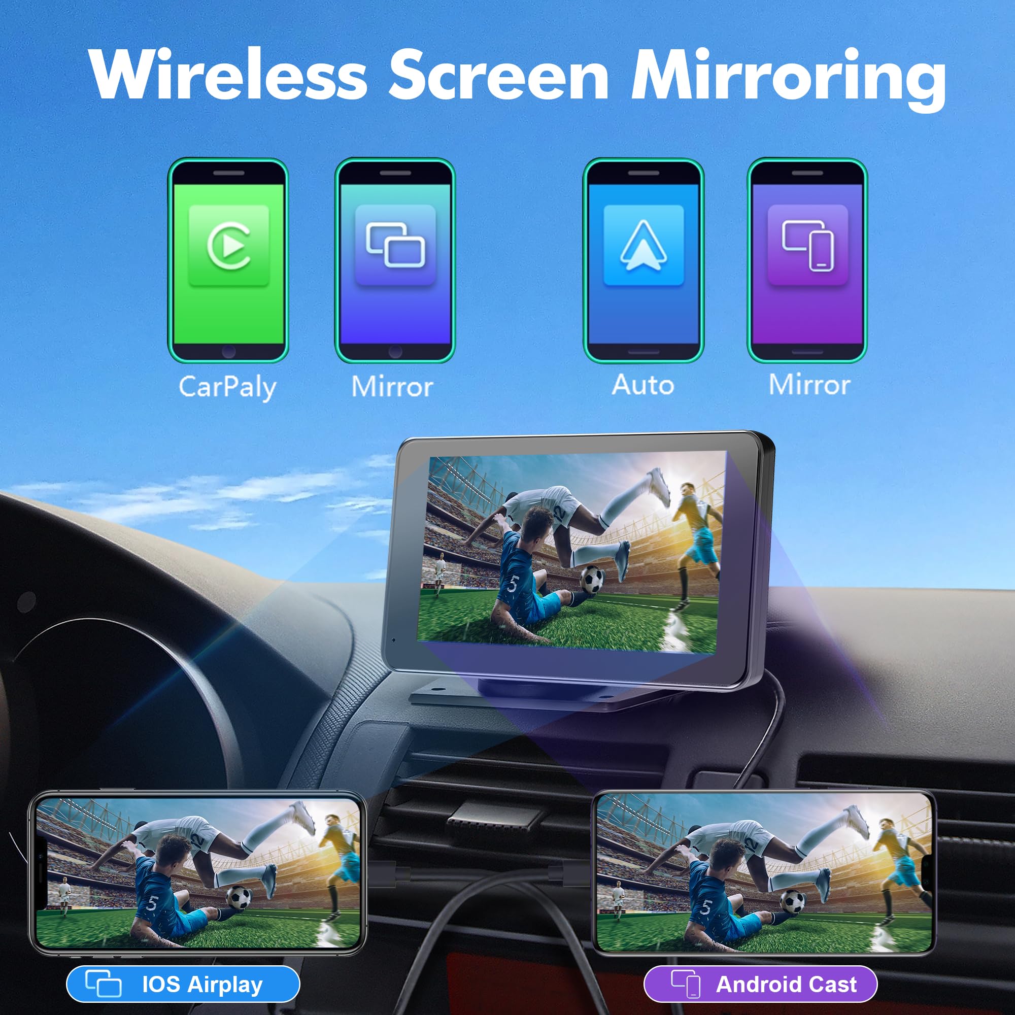 Portable Wireless Carplay Screen For Car, 7 Inch Double Din Car Stereo For Apple Carplay & Android Auto, Multimedia Player With