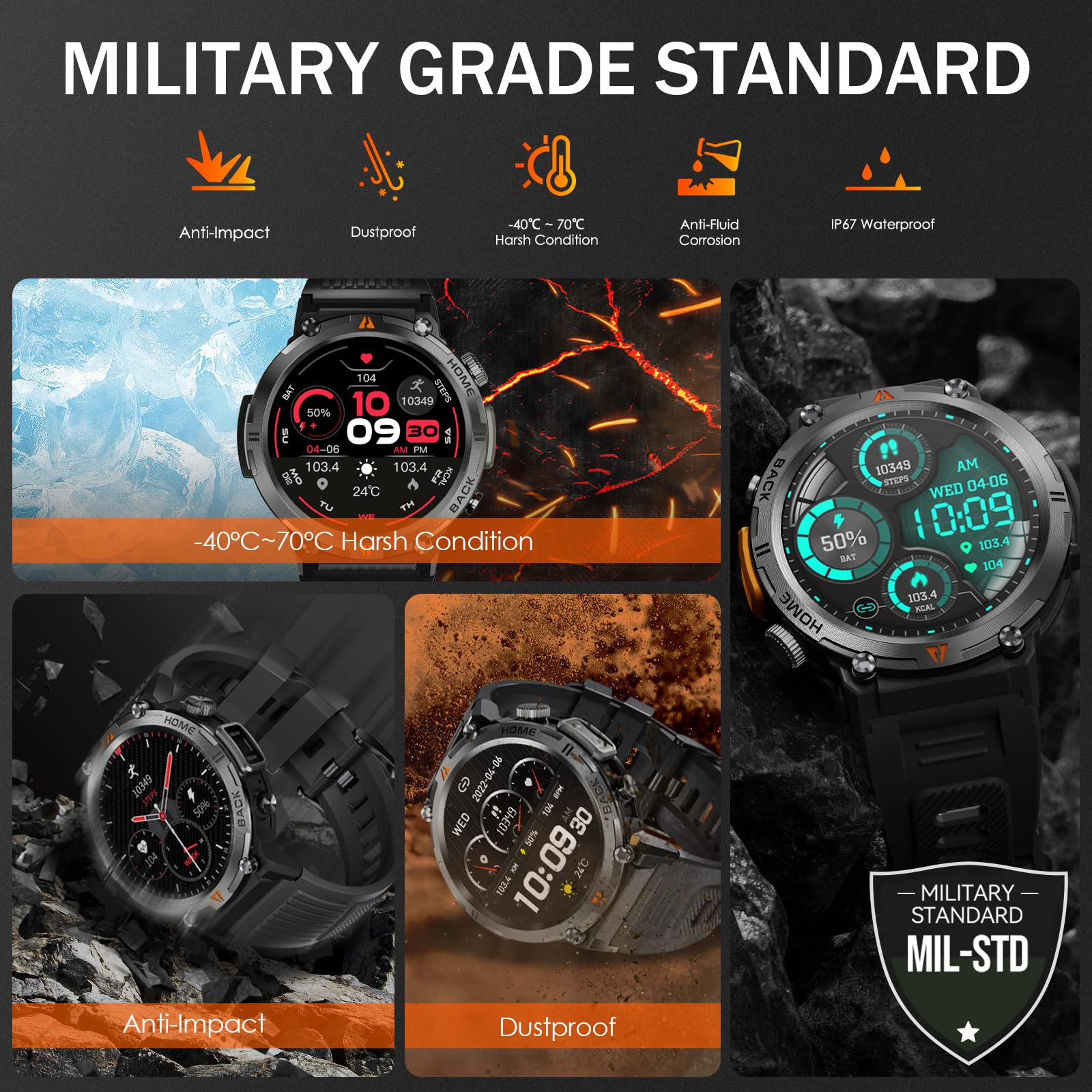 Military Smart Watch For Men With Led Flashlight 1.45    Rugged 3Atm Waterproof Smart Watch With 100+ Sports Modes Fitness Track