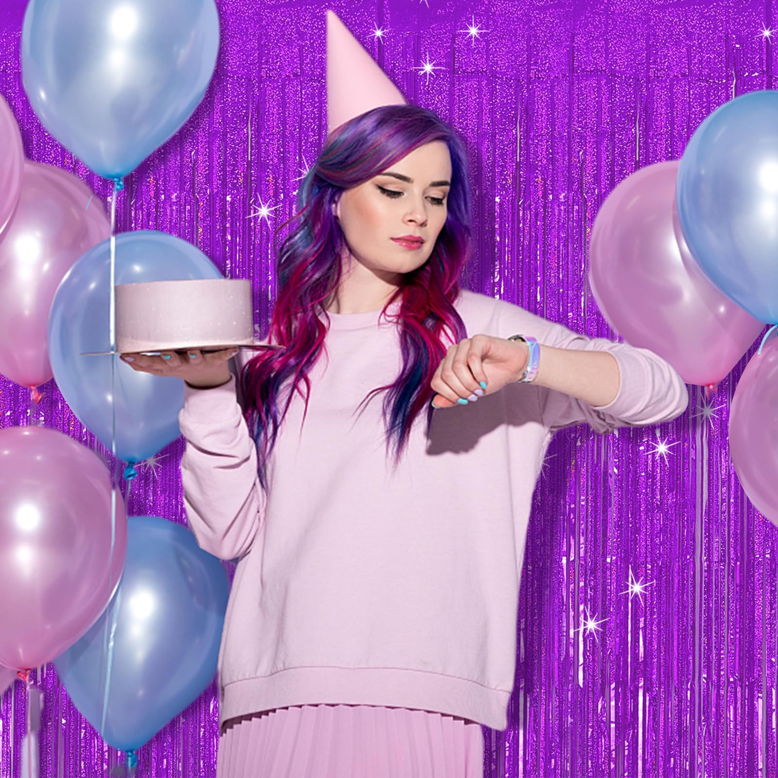 Tinsel Curtain Party Backdrop Purple Birthday Party Decorations 10 Packs Glitter Foil Fringe Curtain Party Decor Streamers Photo