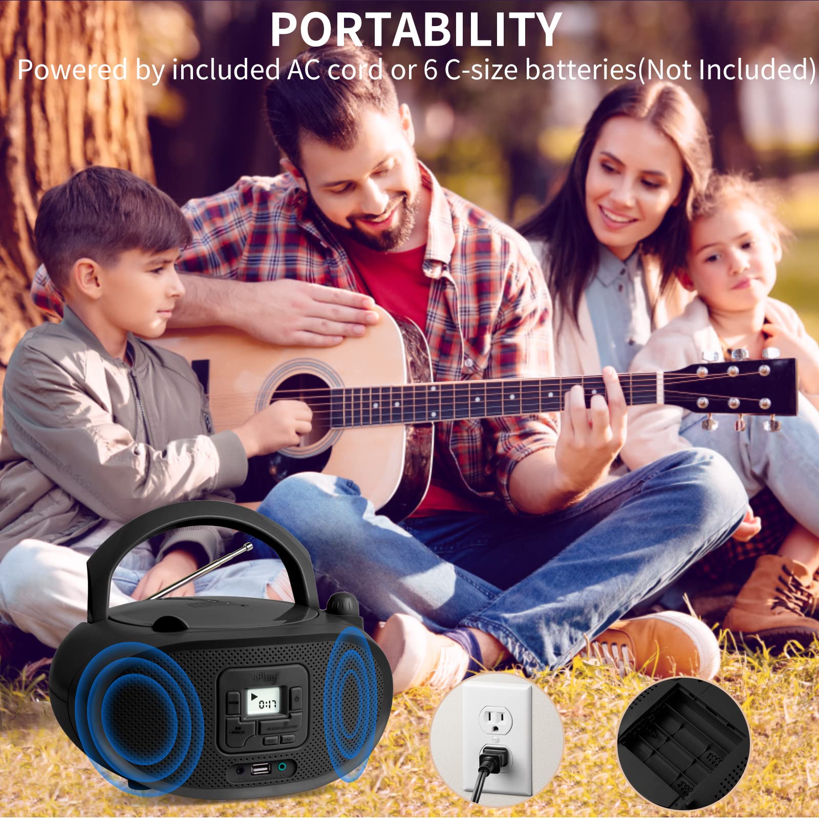 Hplay Gummy Gc04B Portable Cd Player Boombox With Digital Tunning Fm Stereo Radio Kids Cd Player Bluetooth Usb Lcd Display, Fron