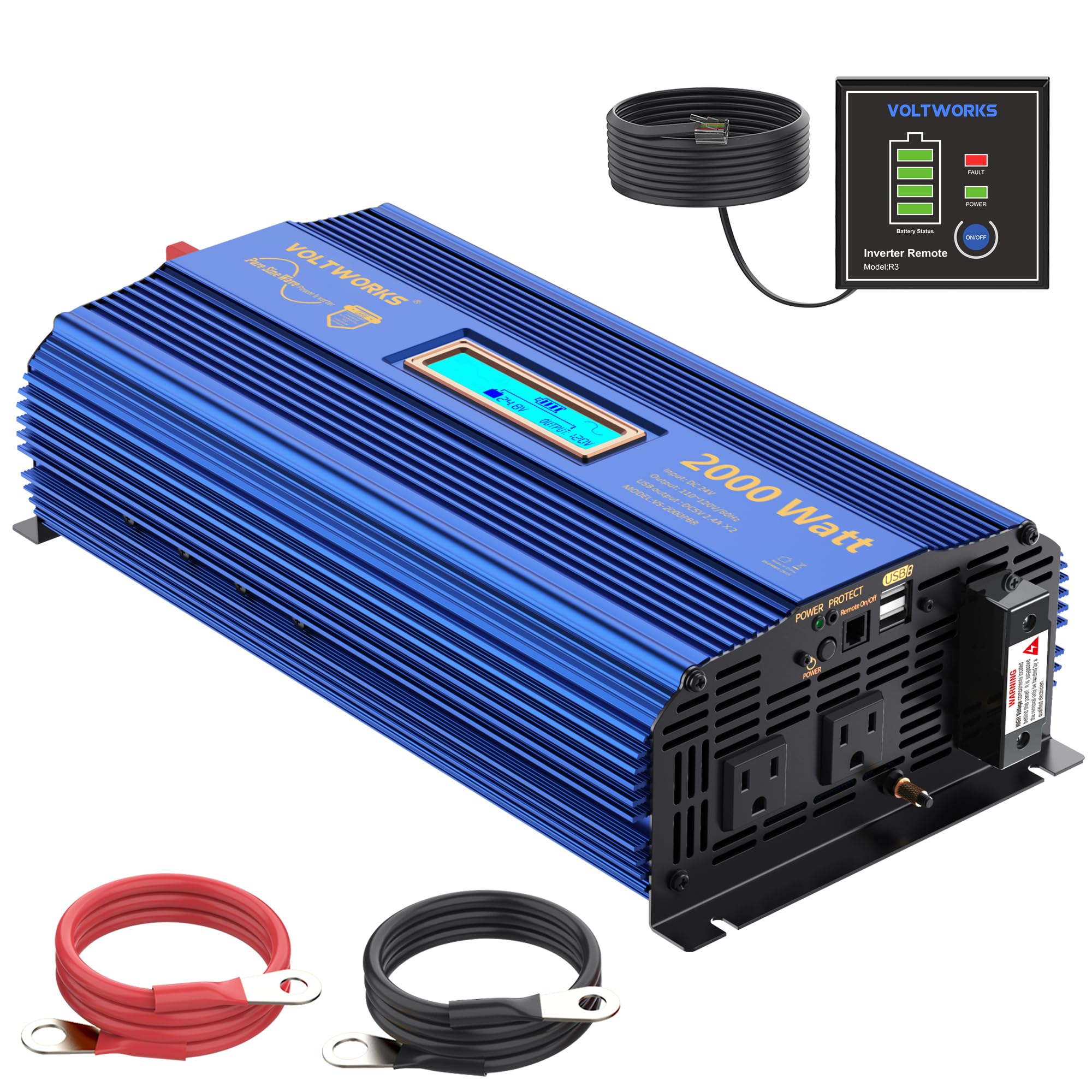 VOLTWORKS 24 Volt 2000W Pure Sine Wave Power Inverter 24V DC to 110V 120V AC and Hardwire Block with LCD Display Remote Controll