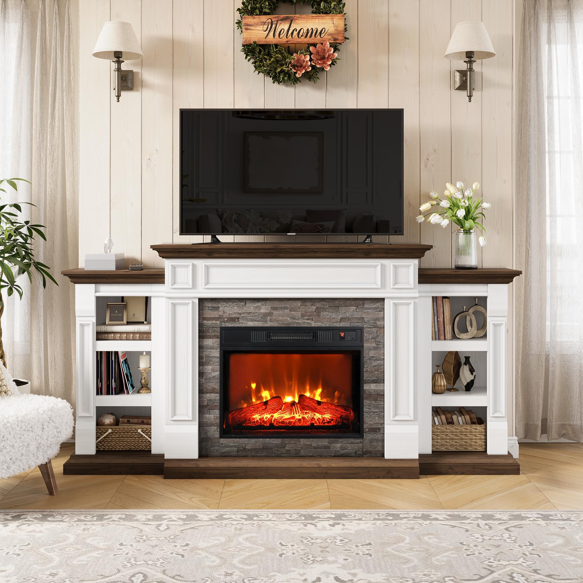 Naice 70'' Electric Fireplace With Mantel And Cabinets, Fireplace Tv Stand For Living Room Bedroom, Stacked Stone Surround And R