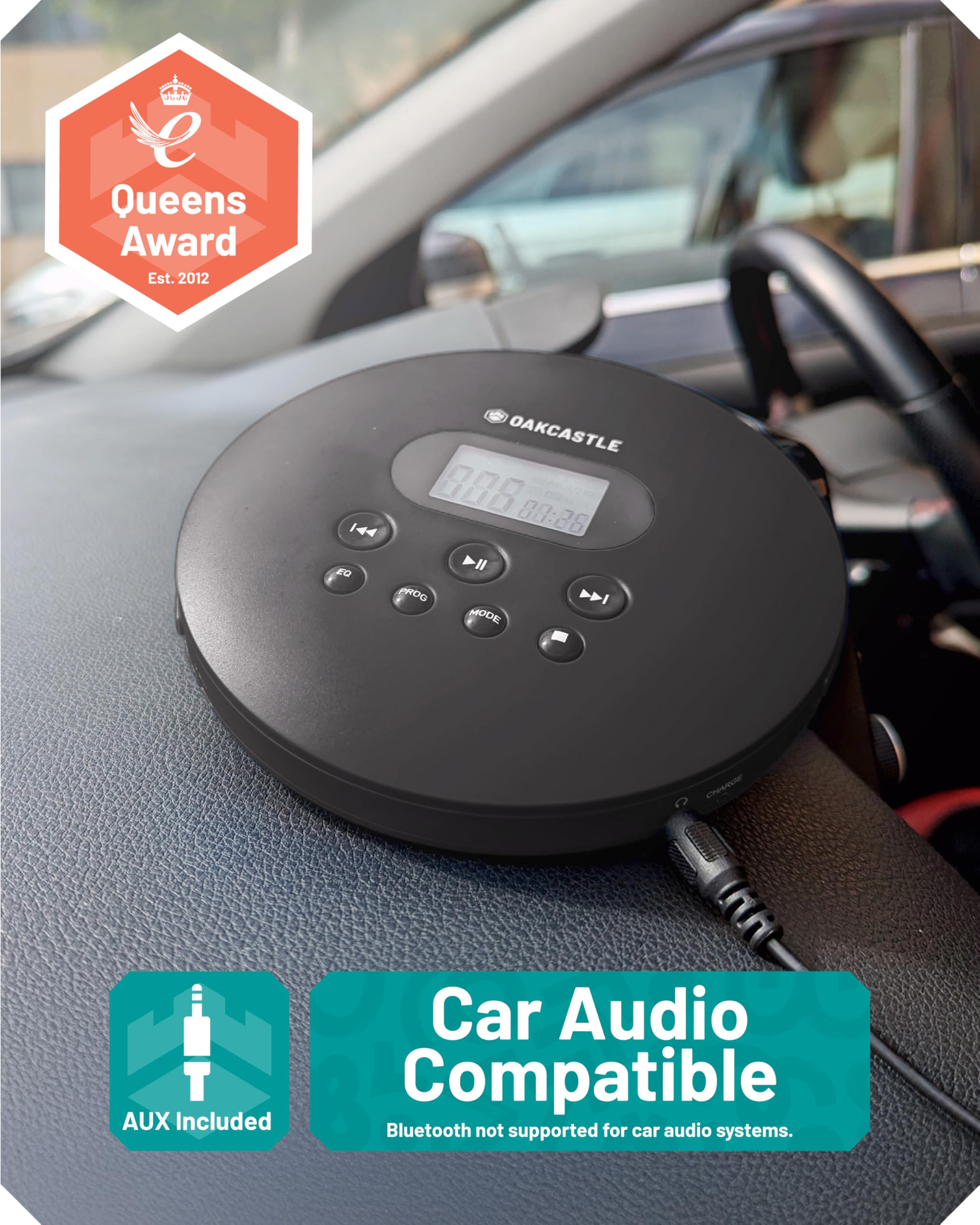 Cd Player Portable, Rechargeable Portable Cd Player With Bluetooth, 12Hr Playtime, Small Cd Players For Car (Aux Only) | Oakcast