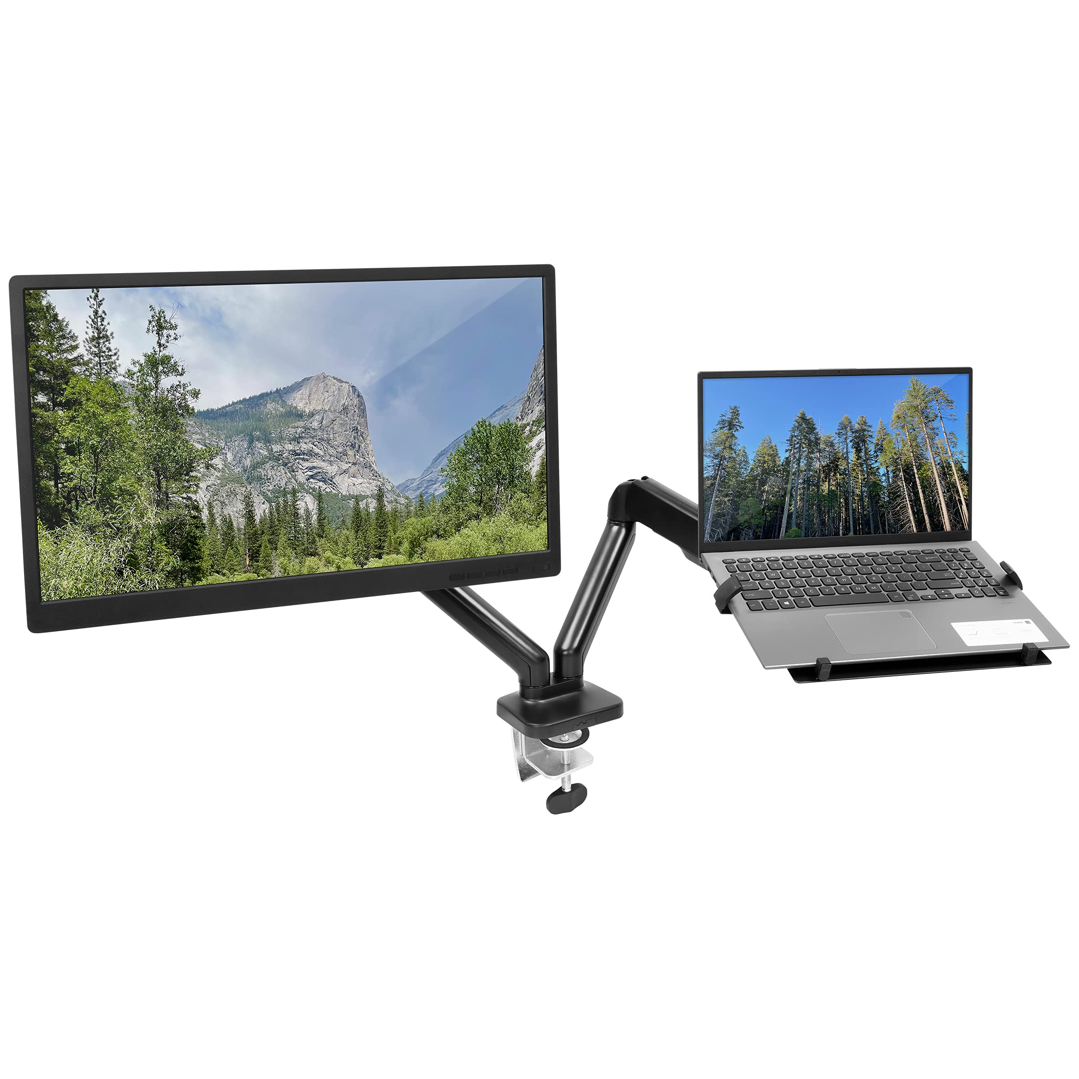 Mount It! Laptop and Monitor Desk Stand   Full Motion Laptop Arm Stand   Ergonomic Adjustable Monitor Mount   VESA Monitor Desk Mount with Laptop Tray