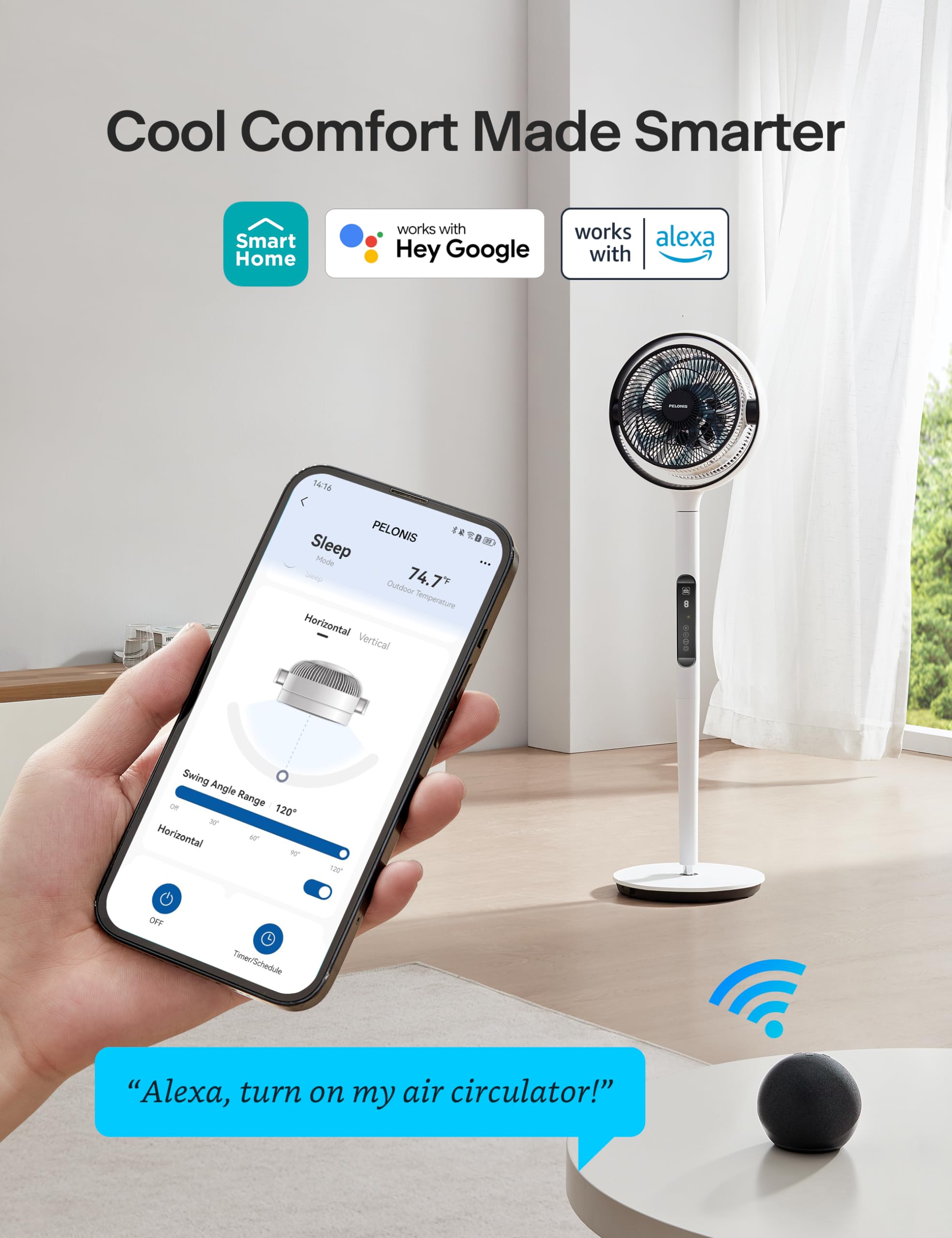 Pelonis Oscillating Pedestal Fan With Dc Motor,Remote Control Standing Fan For Bedroom,Air Circulator Smart Fans, Voice Control,