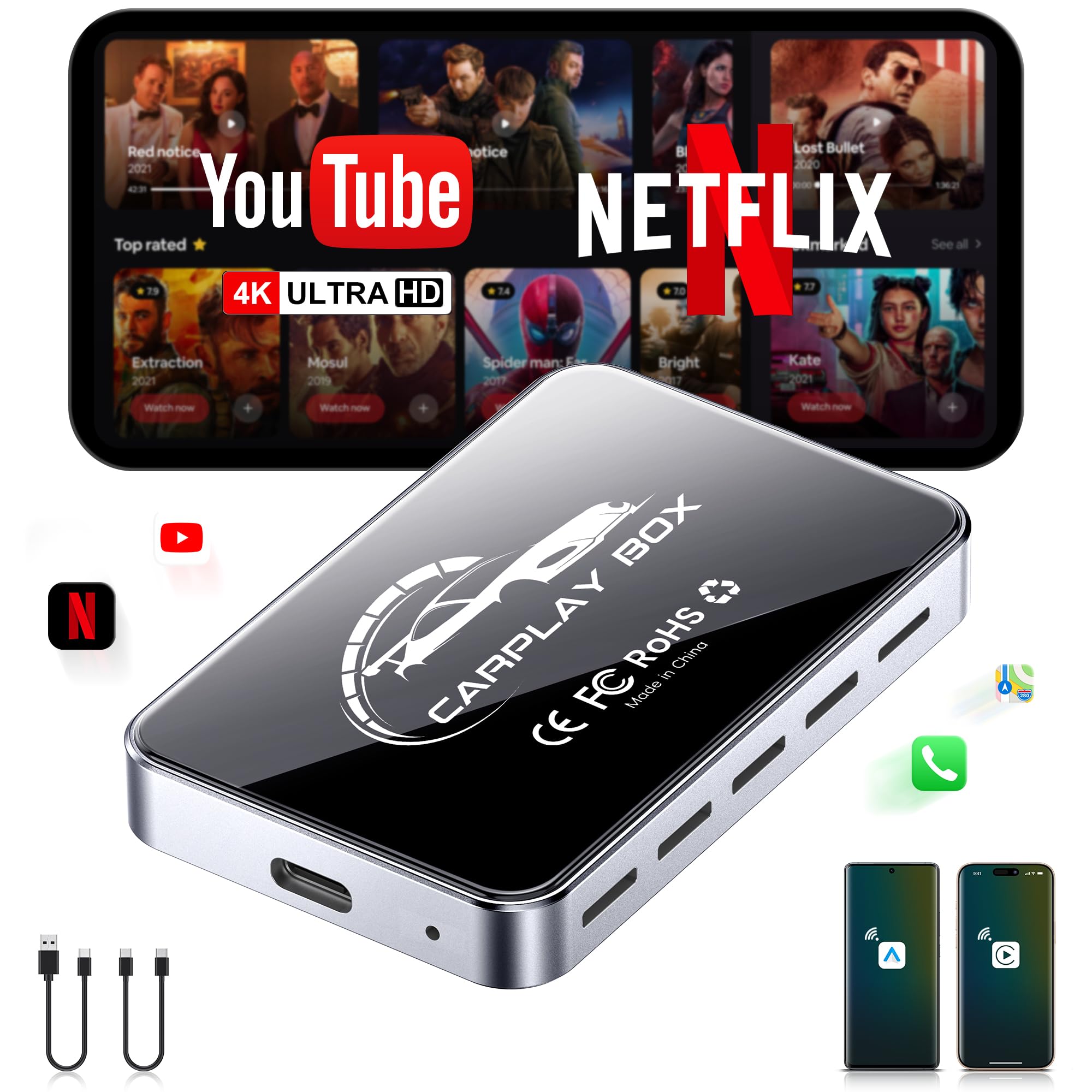 AI Box Wireless CarPlay & Auto Adapter - Plug & Play, Dual-Band WiFi, Bluetooth 5.0, 4K Video Support, Android 12.0 System, Comp