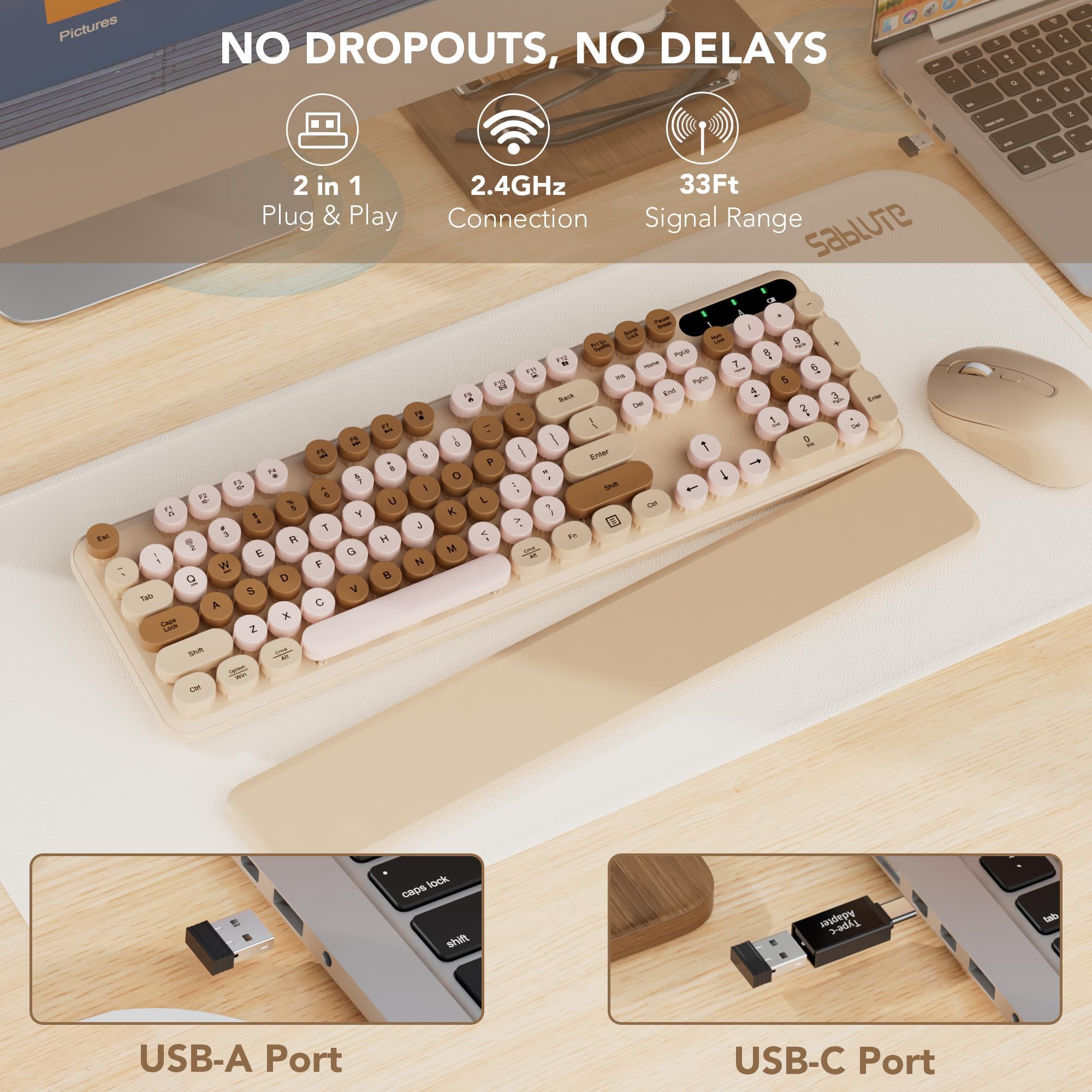 Wireless Keyboard And Mouse Combo, Round Keycaps, Full Size Retro Typewriter Keyboard With Detachable Wrist Rest, Sleep Mode & T
