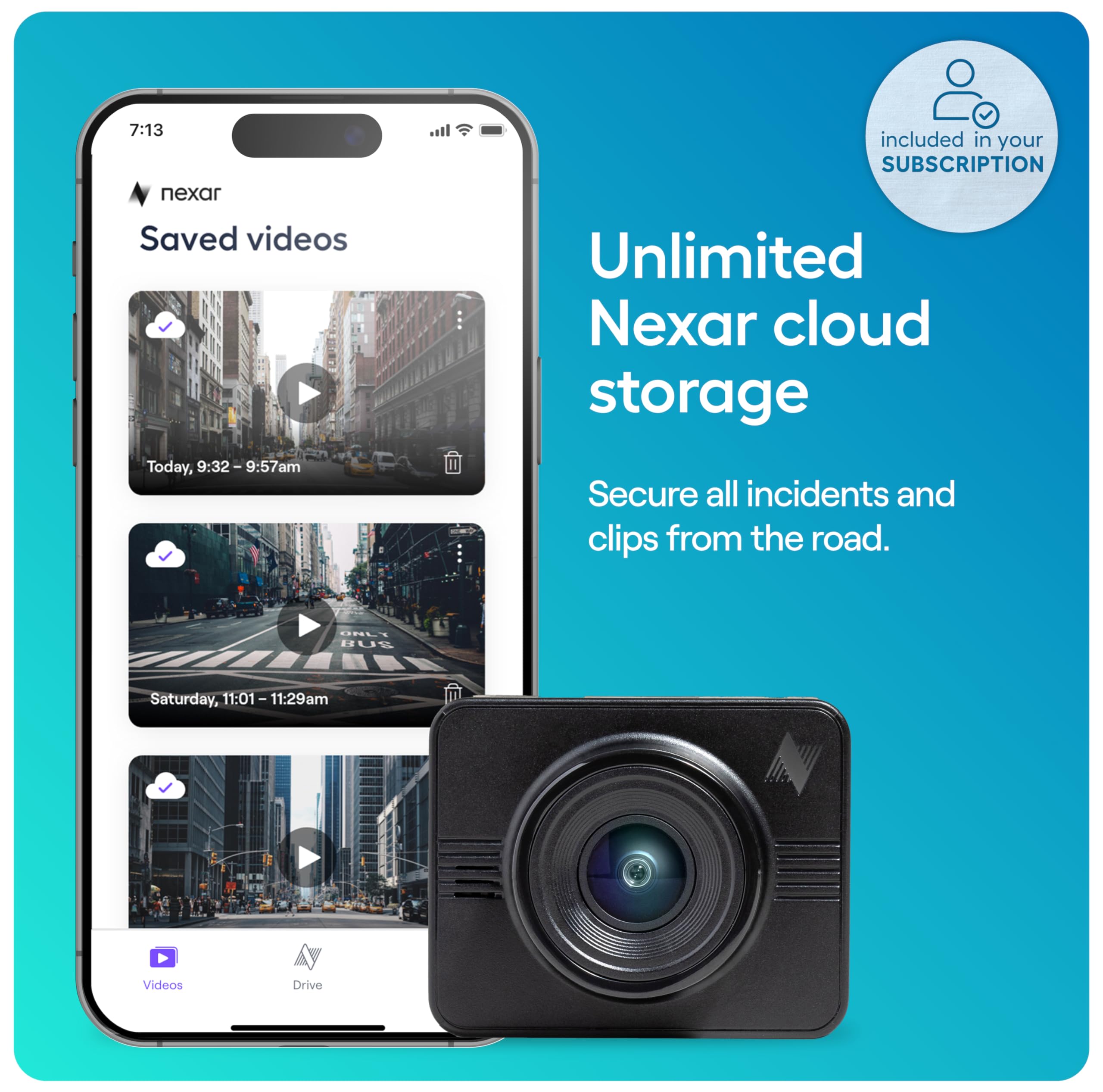 Nexar Beam Gps Dash Cam   1 Year Nexar App Subscription Included   Unlimited Cloud Storage, Drive Recordings, Parking Mode, Nigh