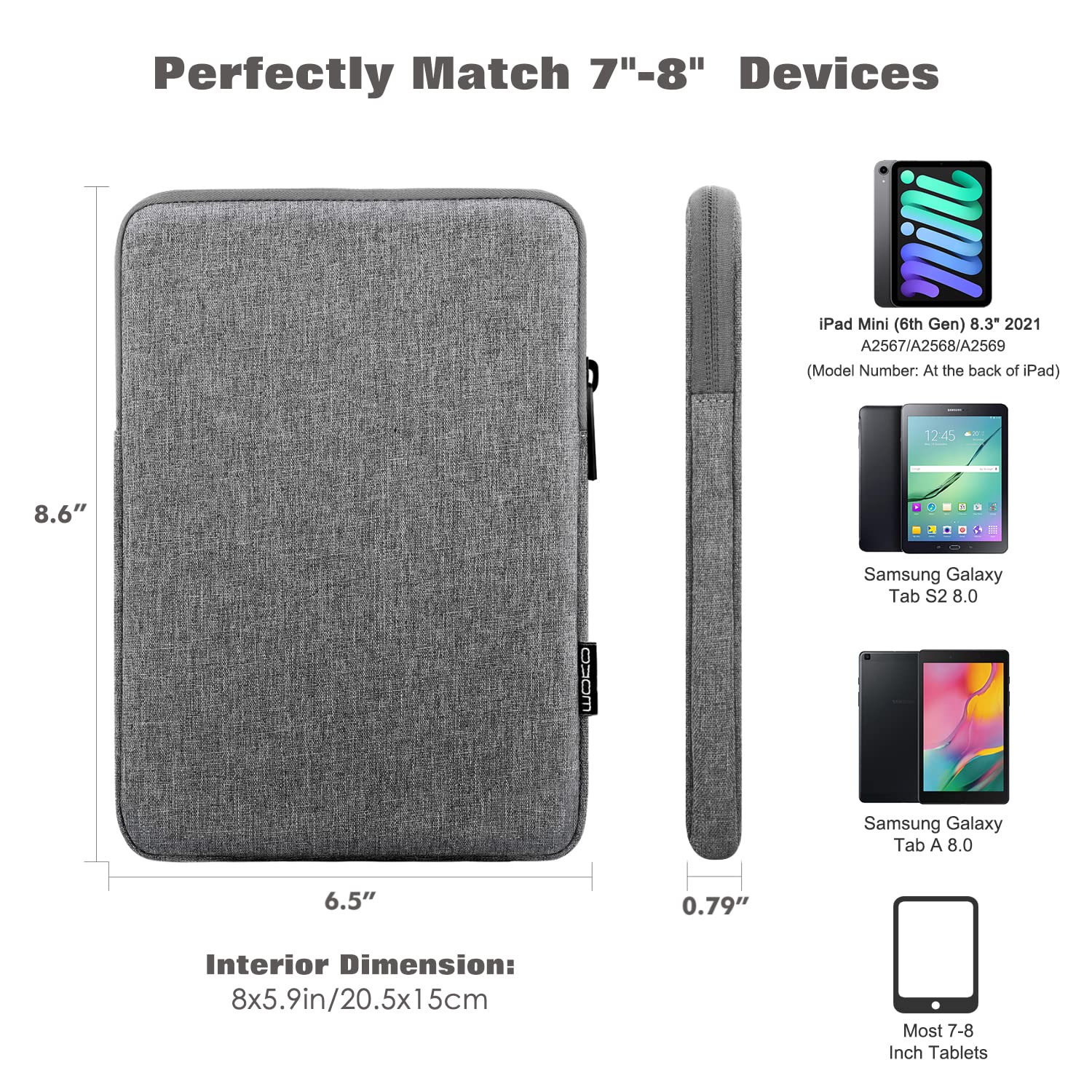 MoKo 7 8 Inch Tablet Sleeve Bag, Polyester Pouch Cover Case Fits iPad Mini (A17 Pro) 8.3' 2024, iPad Mini 6/5/4/3/2/1, Samsung Galaxy Tab S2 8.0, Tab A 8.0, ZenPad Z8s 7.9,Light Gray
