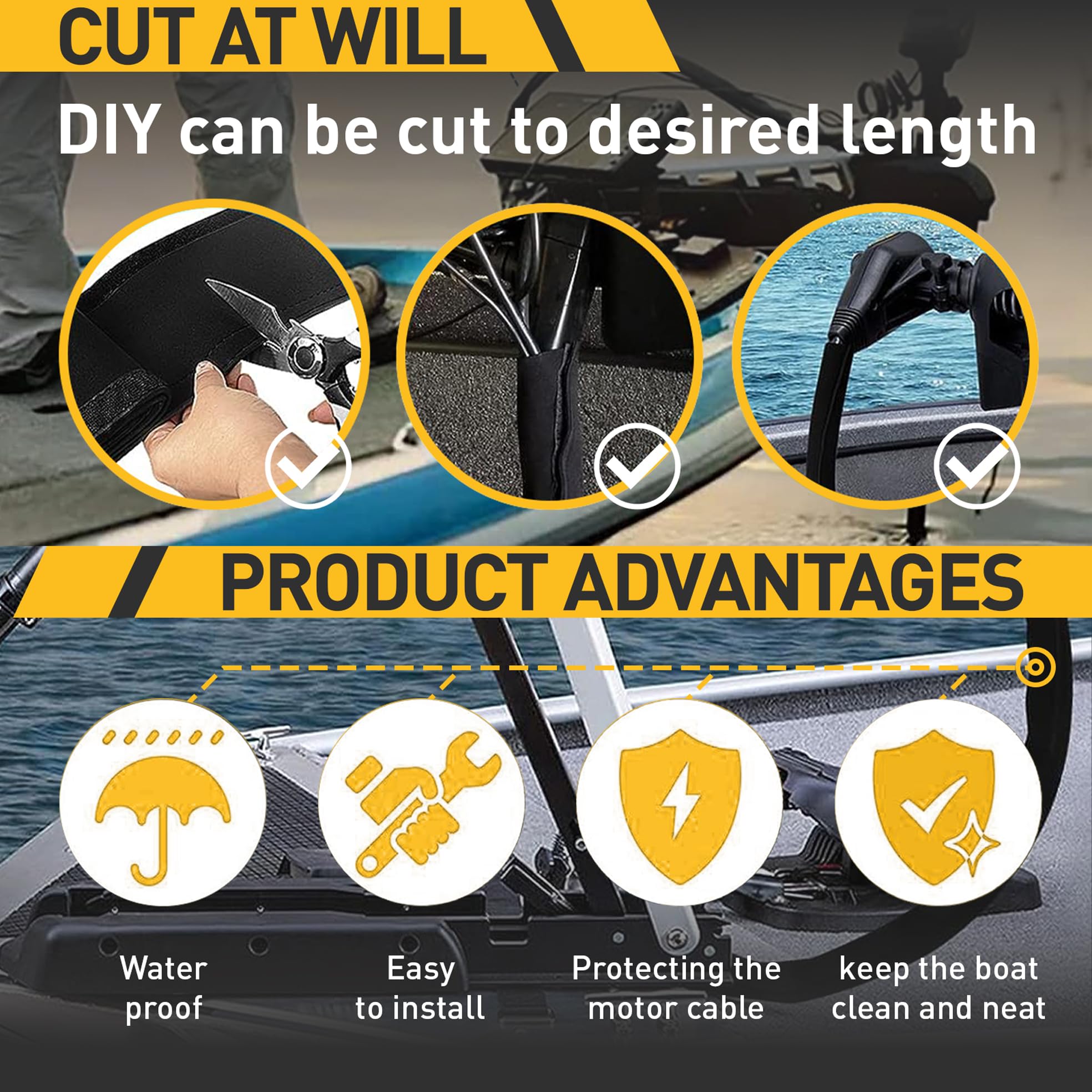 Trolling Motor Cable Sleeve, 60'' Neoprene Cable Sleeve For Trolling Motor Wire, Protect And Manage Trolling Motor Cables, Black