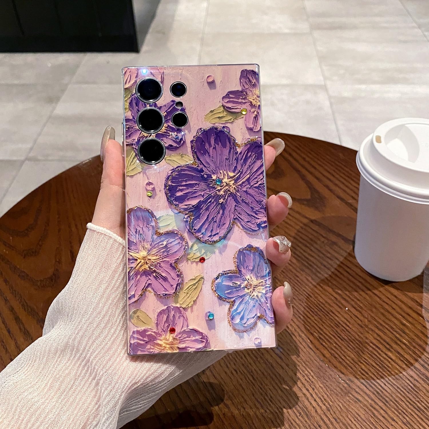 Leleyun Case For Samsung Galaxy S24 Ultra, Retro Oil Painting Printed Flower Cute Pattern With Glitter Gem Phone Cover Durable T