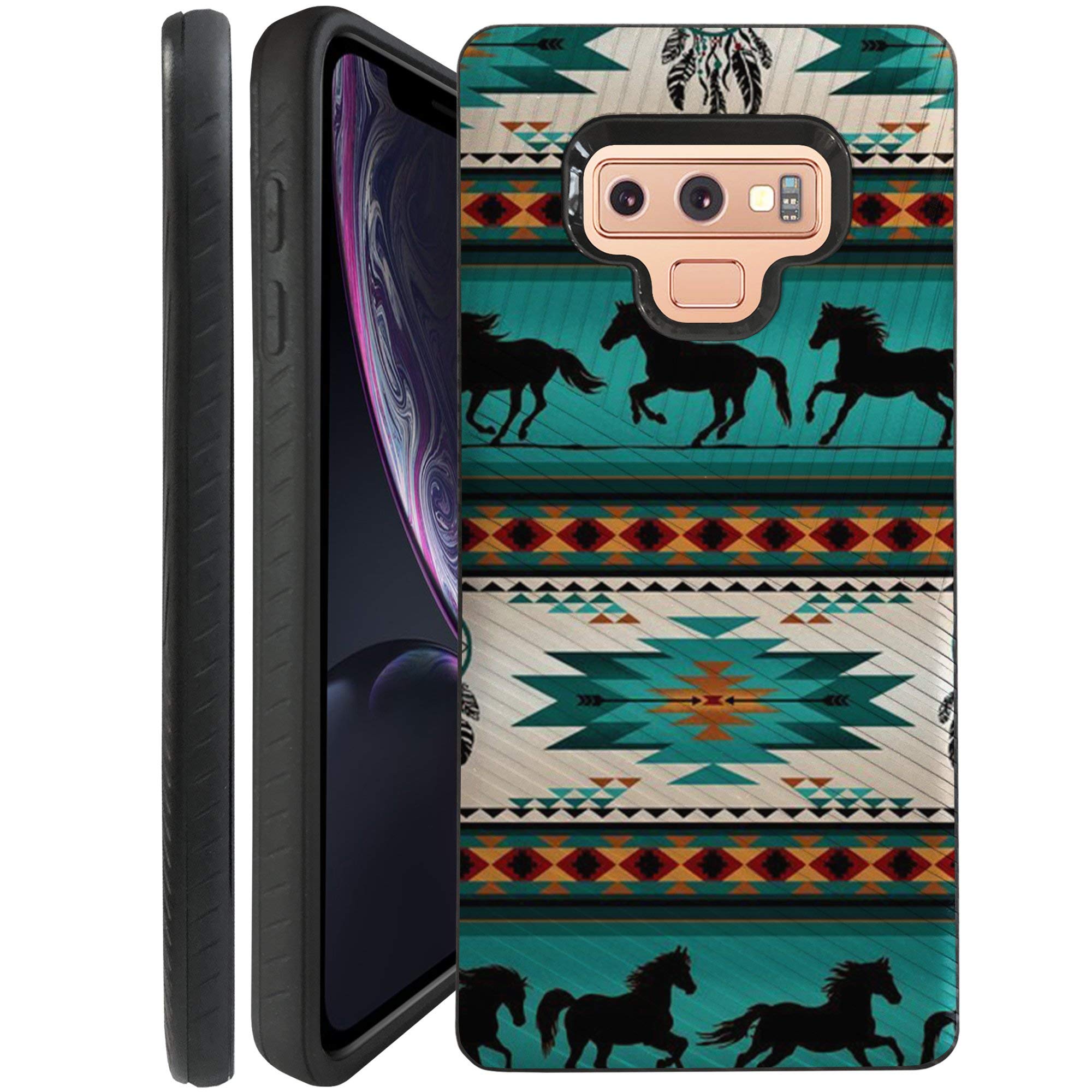 Casesondeck Case Compatible With [Samsung Galaxy Note 9] Textured Tribal Floral Designs On Dual Layer Embossed Slim Cover (Horse