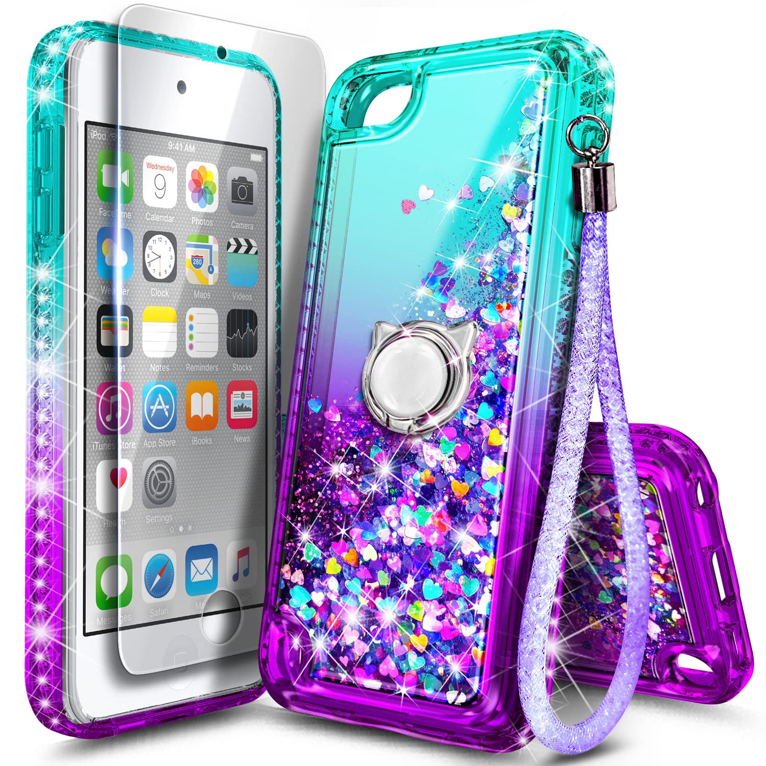 Ngb Ipod Touch 7 Case, Ipod Touch 6/5 Case With Hd Screen Protector And Ring Holder For Girls Women Kids, Glitter Liquid Cute Ca