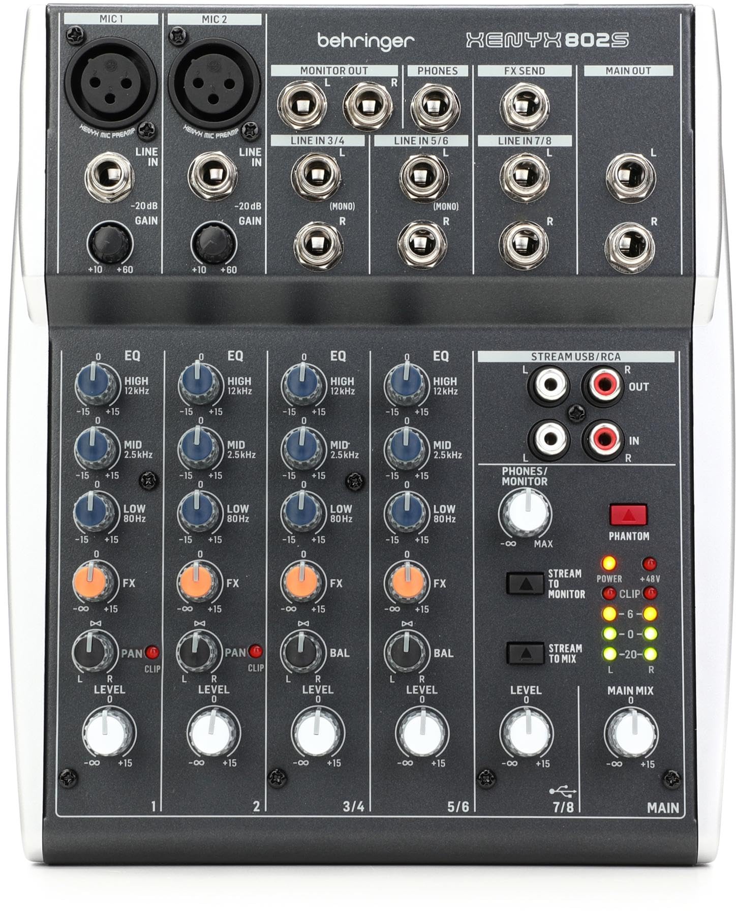 Behringer XENYX 802S Premium Analog 8-Input Mixer with USB Streaming Interface