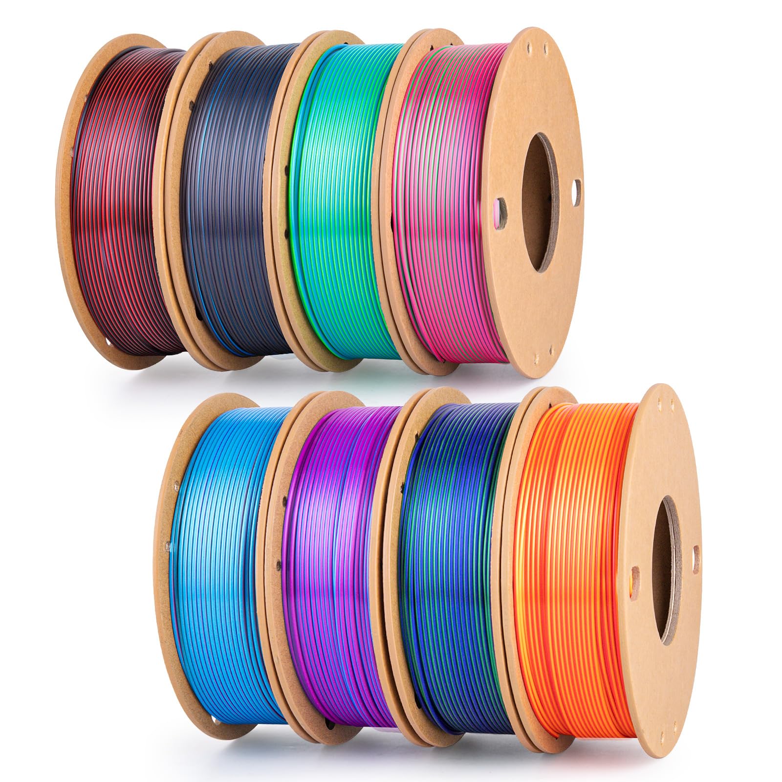 dikale Silk 3D Printing Filament PLA+ Multicolor 8 Packs- 4 Dual Colors Spools & 4 Tricolor Spools - 1.75mm 3D Printing PLA Pro 