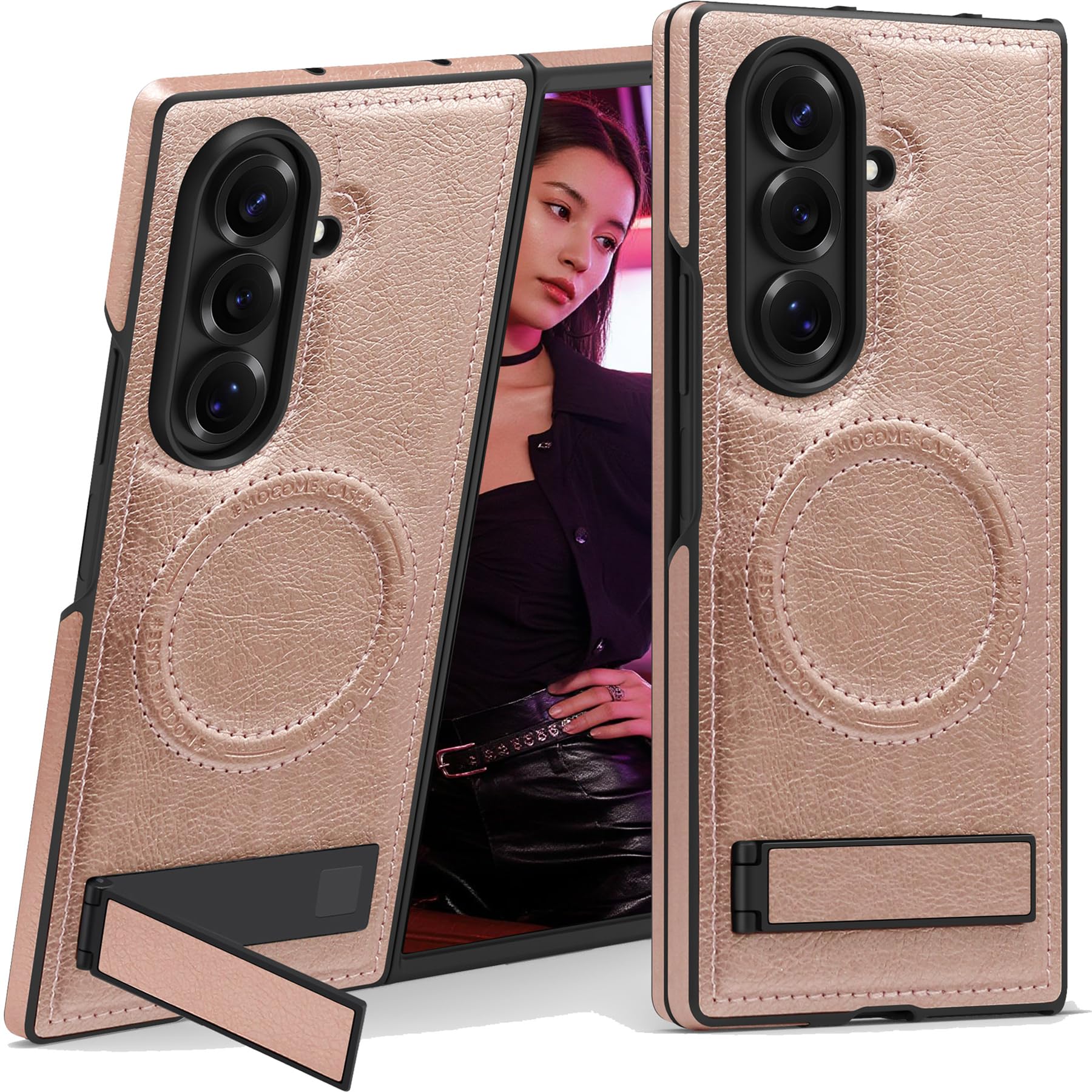 Ephoou for Samsung Galaxy Z Fold7 Compatible with MagSafe, Built-in Kickstand & Strong Magnetic Ring PU Leather Shockproof Milit