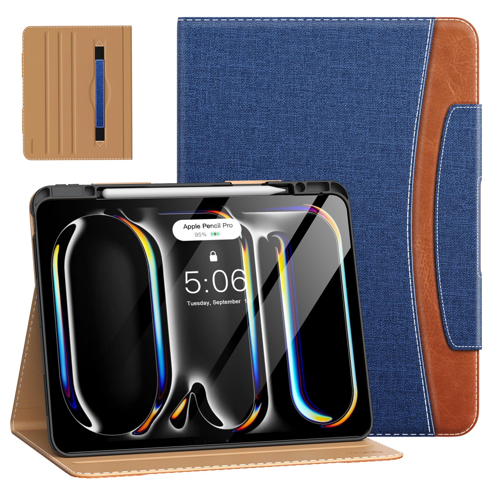 MoKo for iPad Pro 13 Inch Case 2024 (M4) with Pencil Holder & Pocket, Built in Hand Strap, Multi Angle Viewing, Premium PU Leather Folio Cover for iPad Pro 13 2024, Denim Blue & Brown