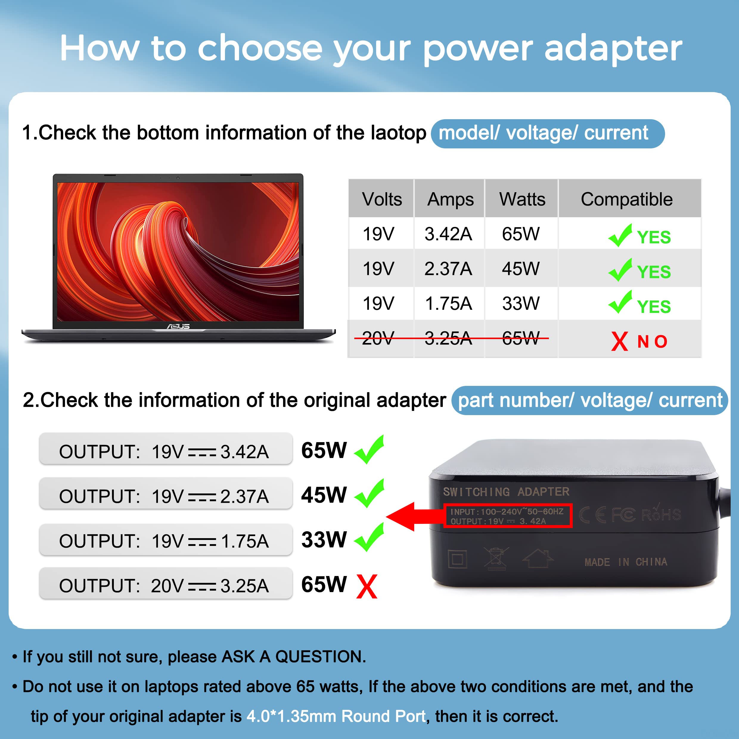 Dongni 65W Vivobook Charger For Asus Vivobook 17 15 X540 X540S X540Sa X540Ua X540L X540La X512 X512D X512Da F512Fa F512Da F512F
