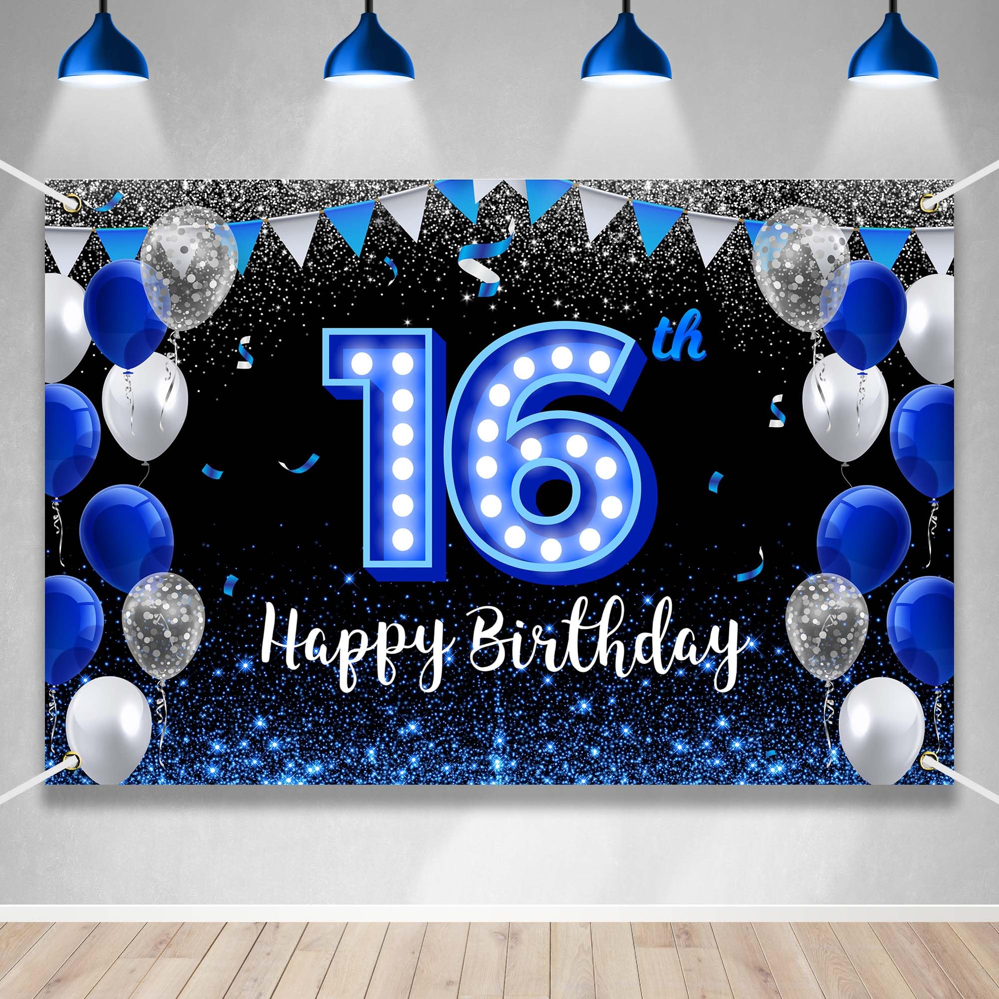 Happy 16Th Birthday Backdrop Banner Blue Black Theme Background With Blue Neon Light Shiny Fashion Birthday Party Photo Photogra