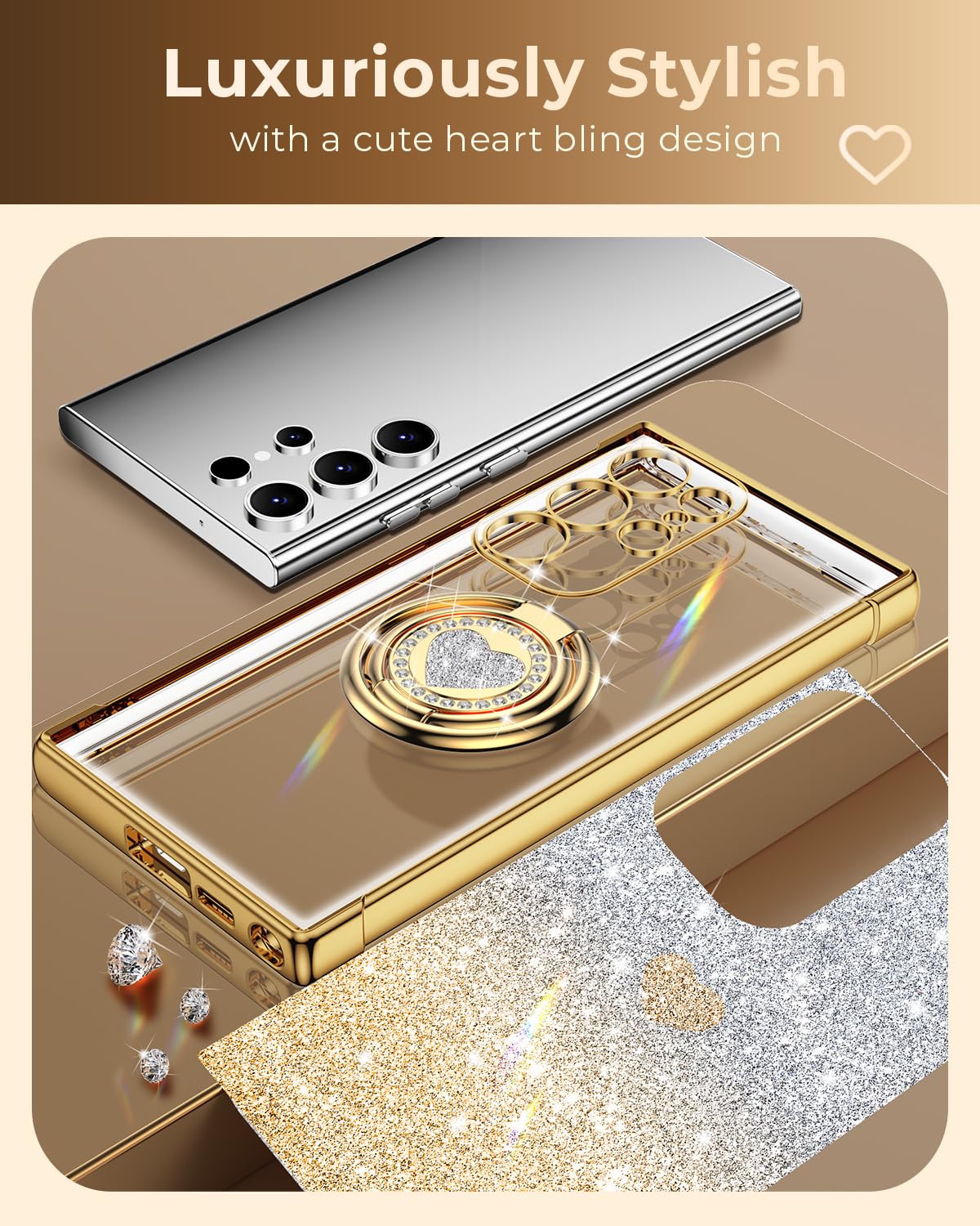 Xyz For Samsung Galaxy S22 Ultra Case With Stand, Galaxy S22 Ultra Case With Double Ring, Women Girls Bling Luxury Glitter Clear