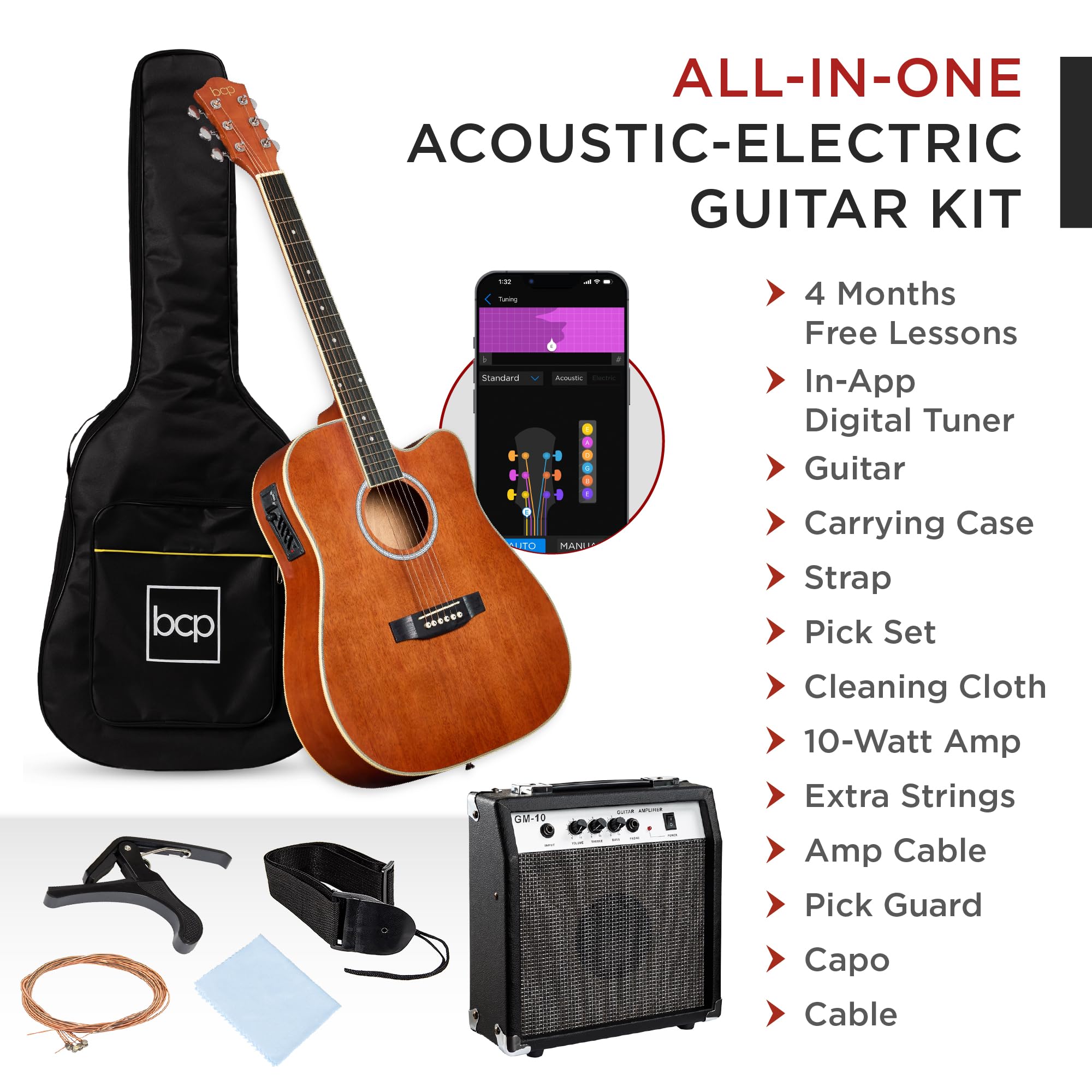 Best Choice Products Beginner Acoustic Electric Guitar Starter Set W/ 41In, All Wood Cutaway Design, Gig Bag, Strap, Picks - Nat