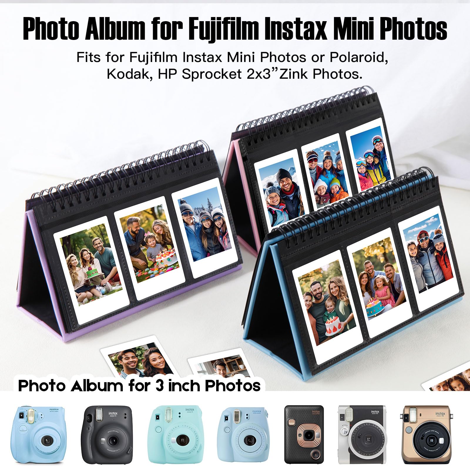 Mini Photo Album For Fujifilm Instax Mini Camera, 96 Pockets Photo Album For Polaroid, Leather Desktop Display Album For Instax Mini 12 11 9 40 8 7 Evo Liplay Instant Camera, 2X3 Photo Album (Blue)