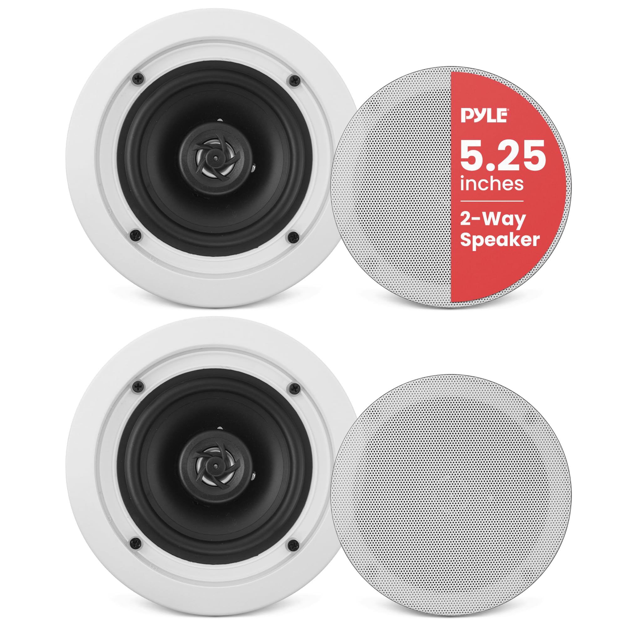 Pyle Home 5.25    Ceiling Wall Mount Speakers - Pair of 2-Way Midbass Woofer Speaker 1 Polymer Dome Tweeter Flush Design w/ 80