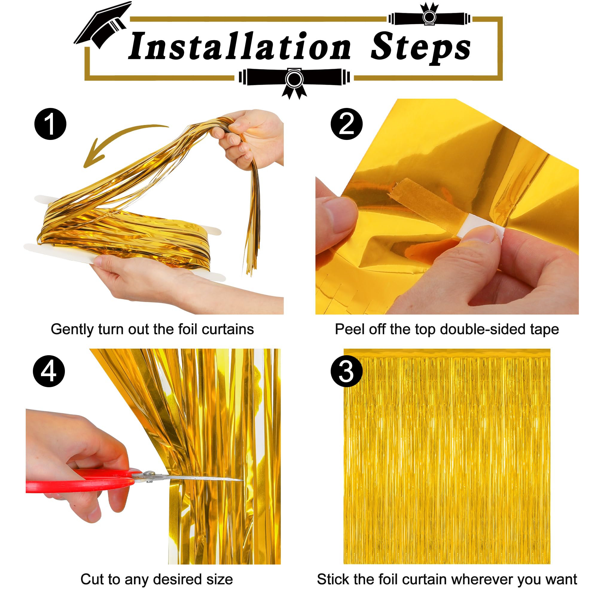 8 Pack 2025 Graduation Party Decorations, 3.28 Ft X 7.05 Ft Gold Backdrop, Metallic Graduation Photo Backdrop Grad Foil Curtains