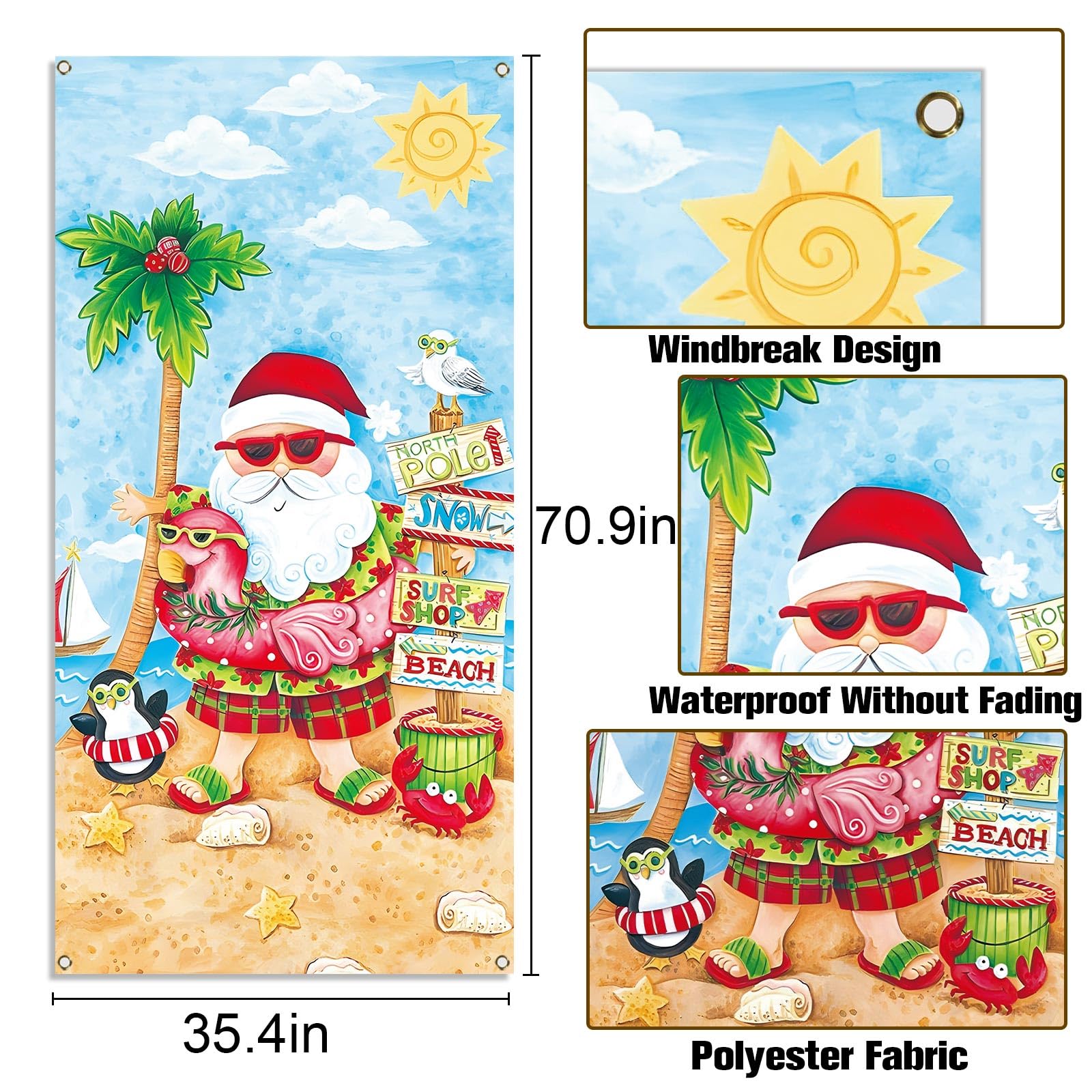 Sunwer Christmas July Door Cover Tropical Summer Beach Hawaiian Themed Party Decoration Santa Palm Tree Front Porch Sign Backdro